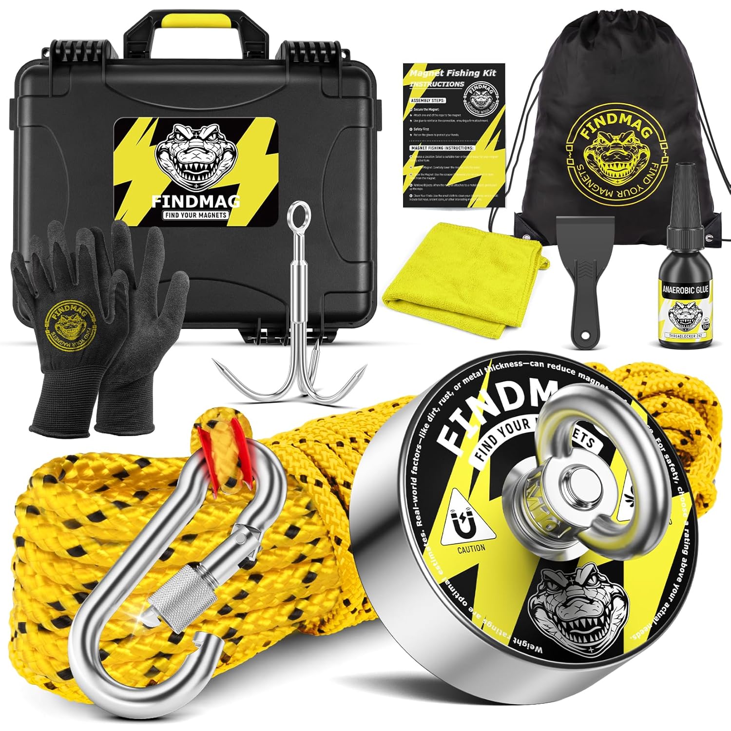 FINDMAG Magnet Fishing Kit, 1000 lbs Strong N52 Magnet for Fishing, Diameter 2.95inch(75mm) with Case, Gloves, 65ft Rope, Backpack, Scraper, 10 Piece Complete Set