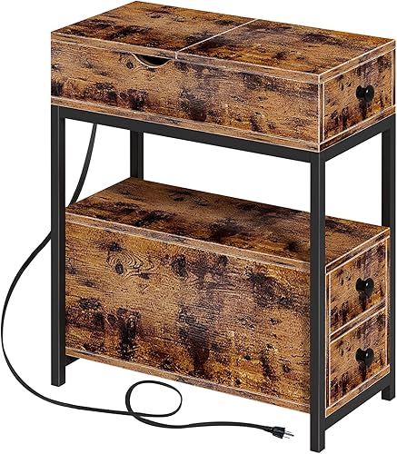 Rustic Brown Narrow End Table with Charging Station Small Side Table with 3 Drawers for Small Spaces Skinny Nightstand with USB Ports and Outlets