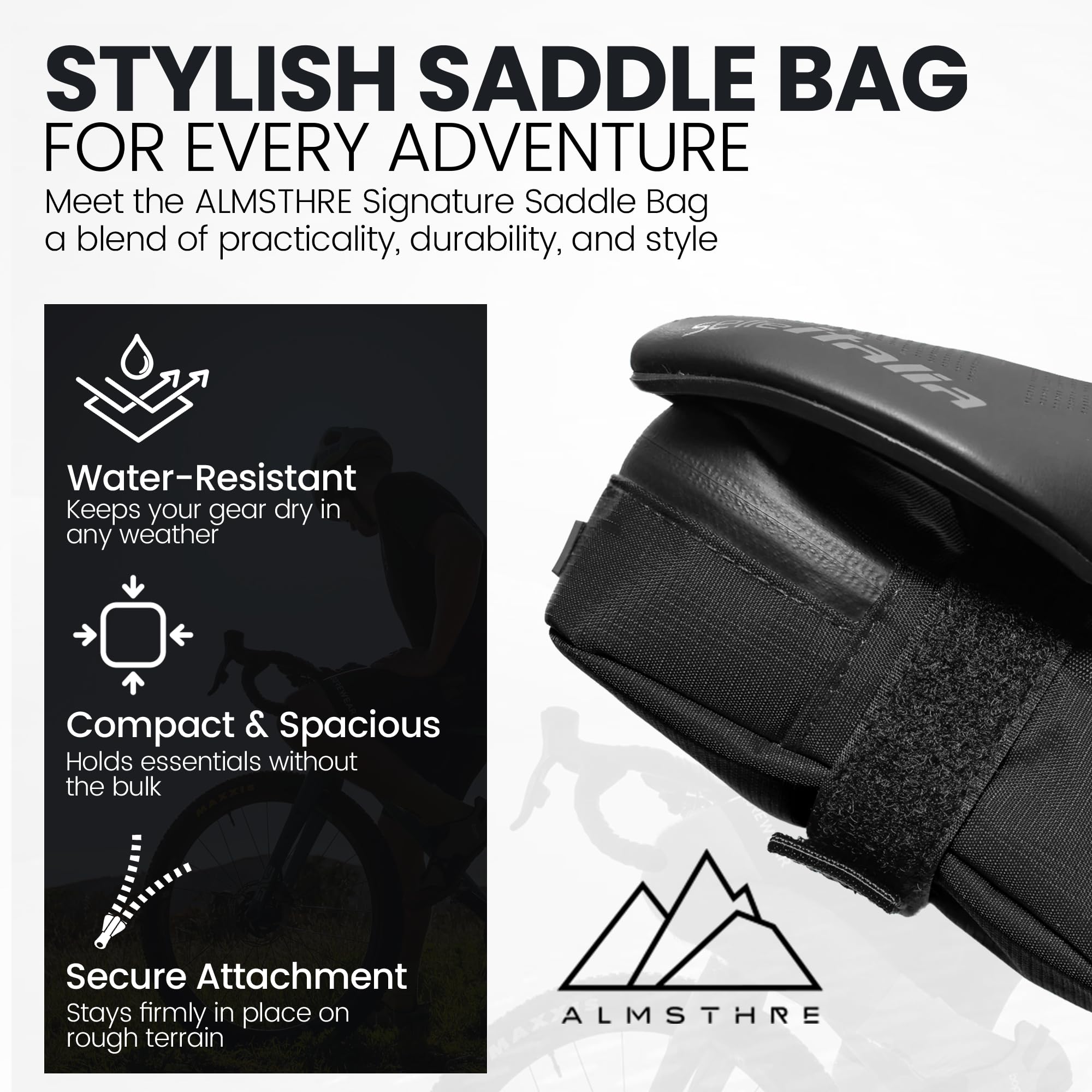 ALMSTHRE Signature - Borsa da sella per bicicletta, colore nero scuro, 0,5 l, 7,6 x 13,3 x 5,1 cm, impermeabile, con cerniera impermeabile, tasca interna, resistente sotto il sedile