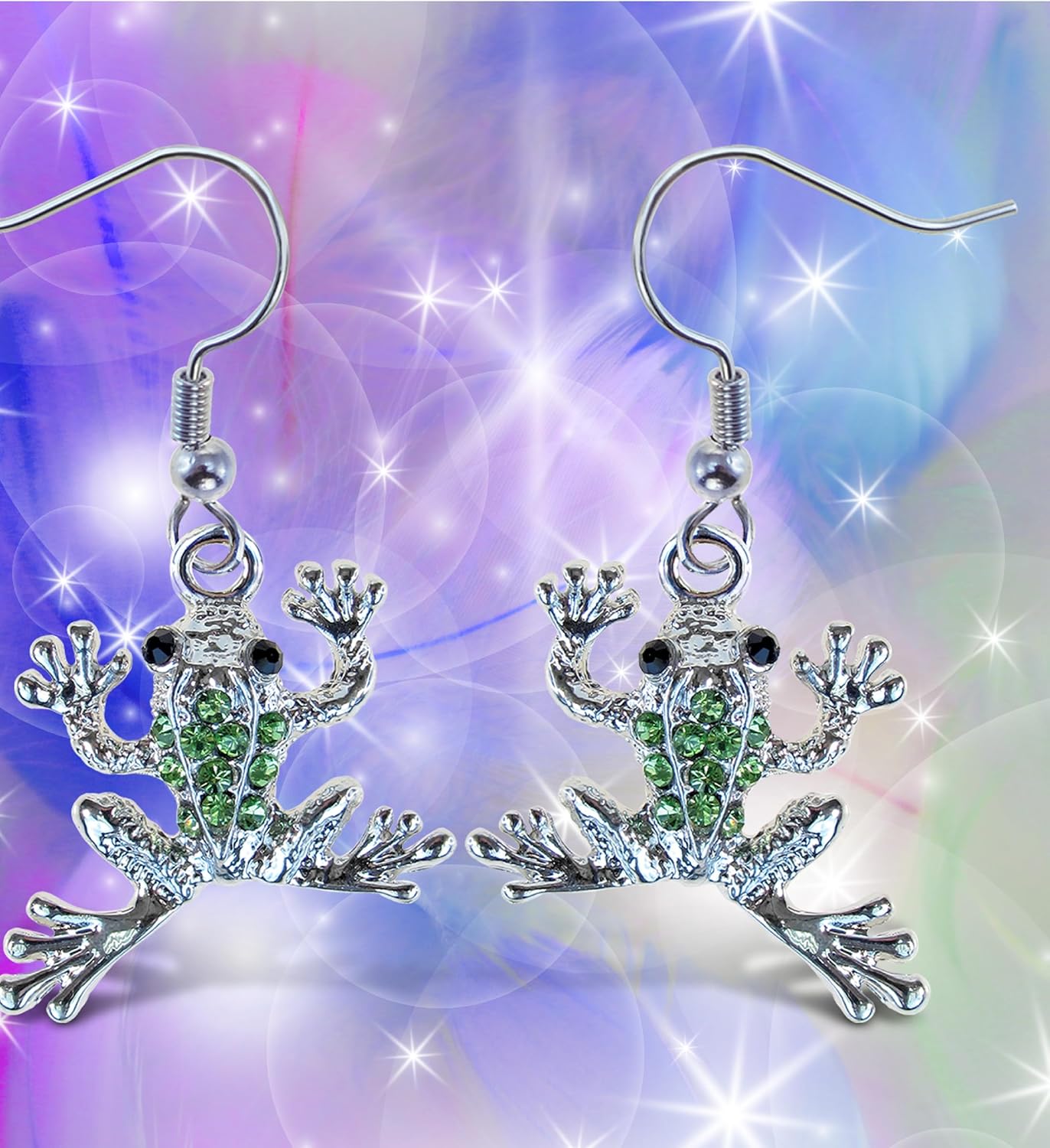 Aqua79 Silver and Green Frog Dangle Earrings - Rhinestone Bohemian Dangle Earrings for Women and Teens, Zinc Alloy Fish Hook Earrings, Frog Animal Earrings - 1.5 Inches - Image 5