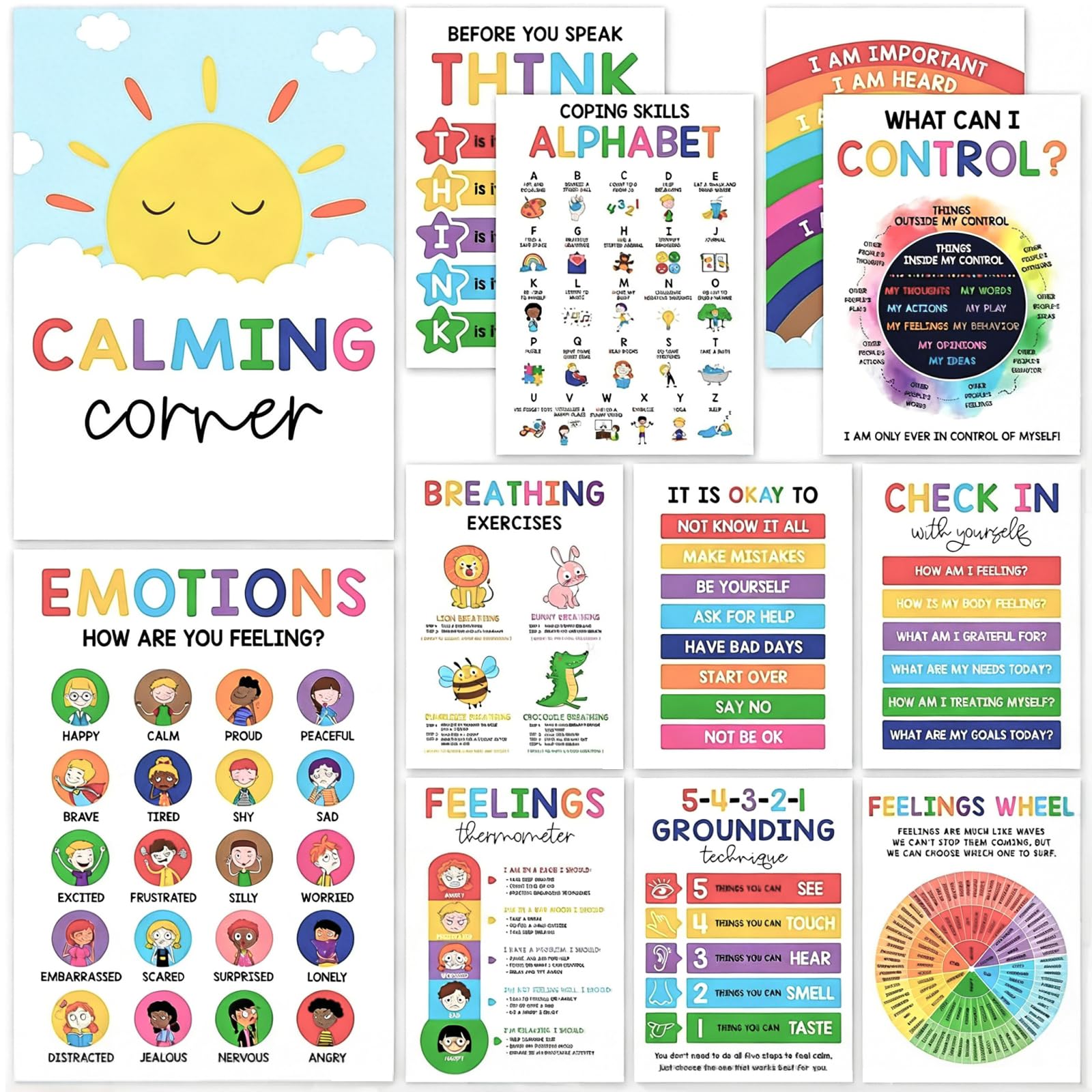 Flhlxzm Calming Corner Classroom Posters, 12 Pcs Teens Feelings Wheel Chart Emotions Poster Peaceful Section Poster for Classroom & Preschool Sensory Wall Art
