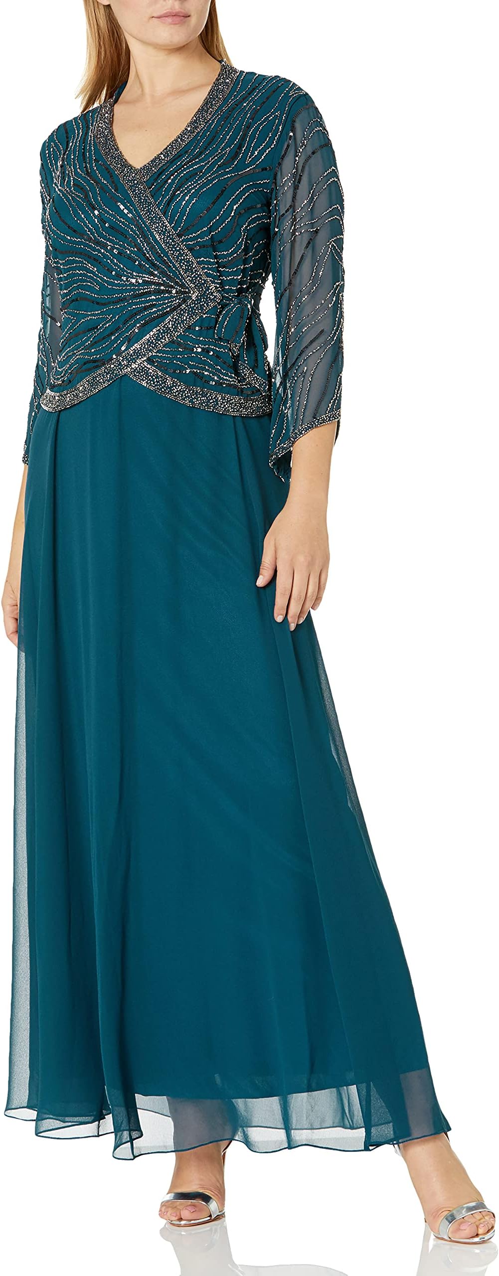J KaraWomen's Petite Long 3/4 Sleeve V-Neck Beaded Faux Wrap Dress