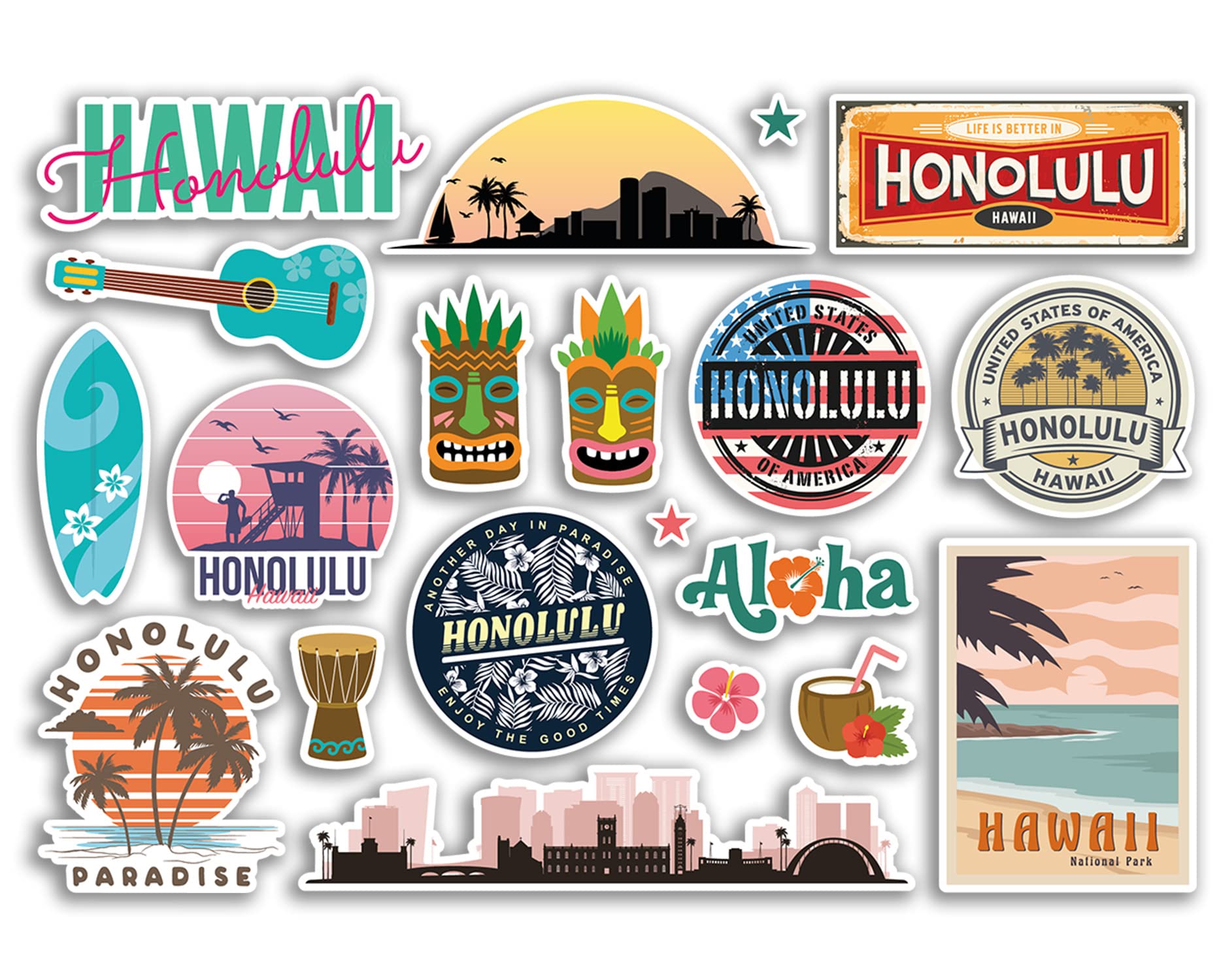 A5 Sticker Sheet Honolulu Landmarks Vinyl Stickers - Hawaii USA Beach Airport Stamps Skyline Flag Travel Holiday Scrapbooking City Luggage #79106