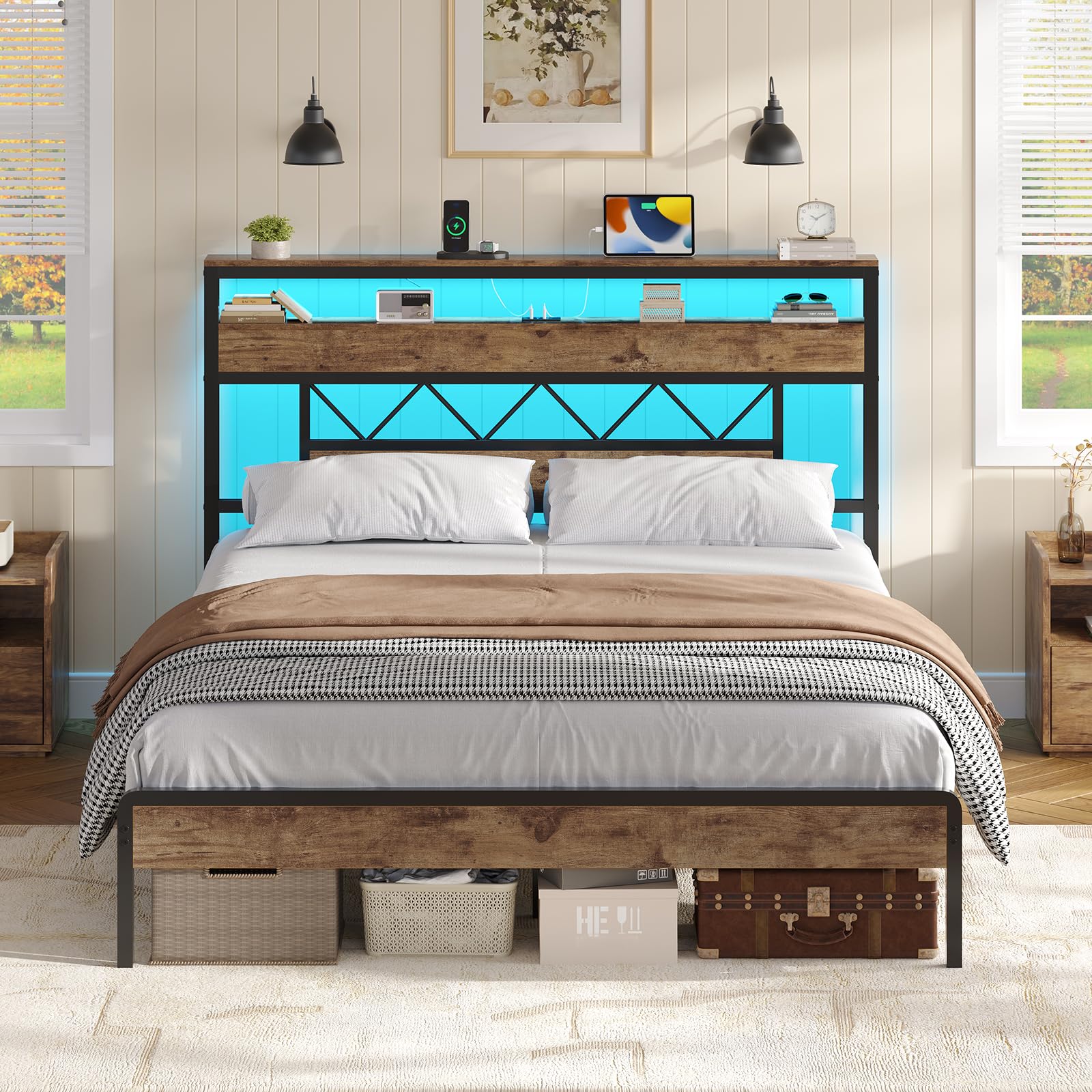 Double Bed Frame 135 x 190 cm with LED Lighting, Headboard with Sockets, 4FT6 Double Metal Bedframe with 2 Open Shelves, Solid and Stable, Noise Free, No Box Spring Required, Easy Assembly, Brown