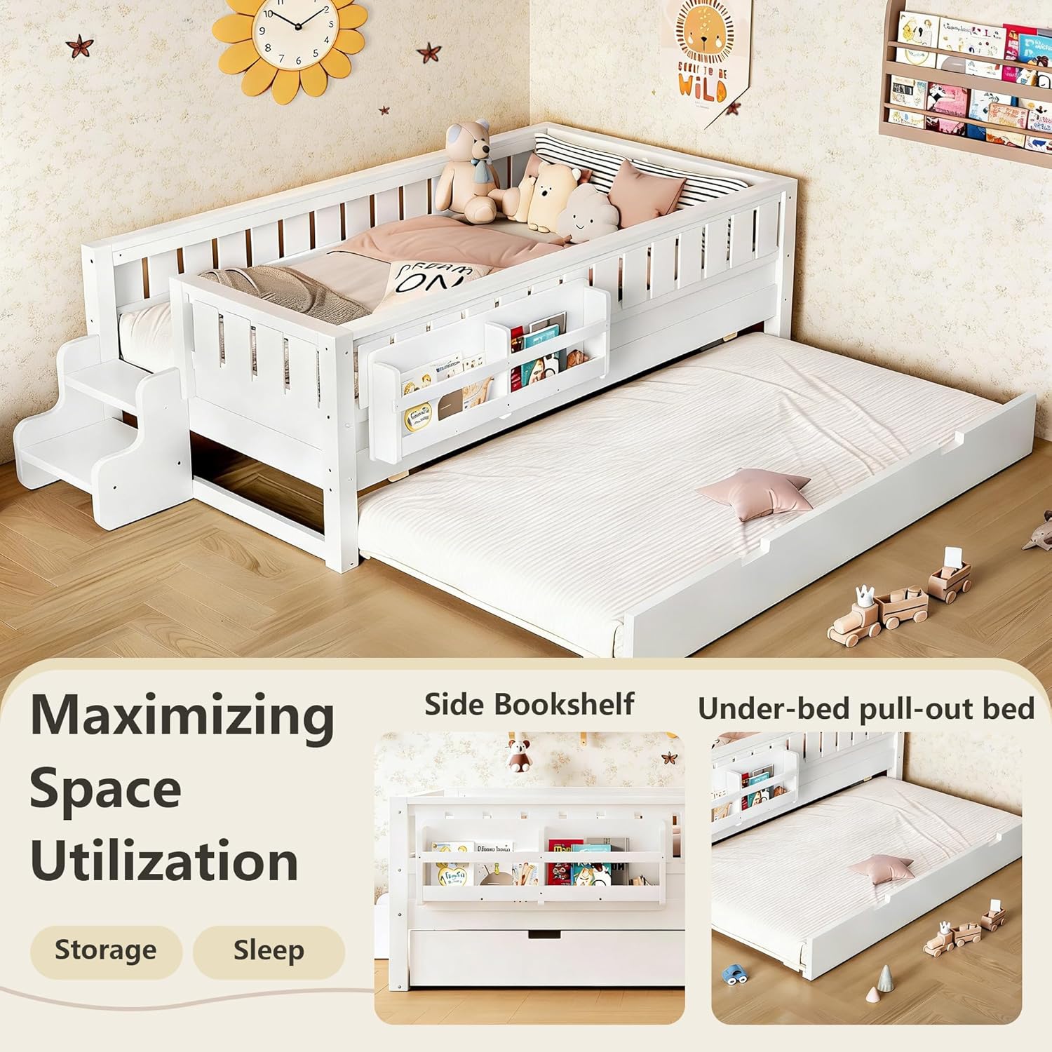 Bellemave Twin Size Kids Platform Bed with Trundle and Staircase, Wooden Twin Floor Bed Frame with Safety Rails and Bookshelf for Girls Boys, White