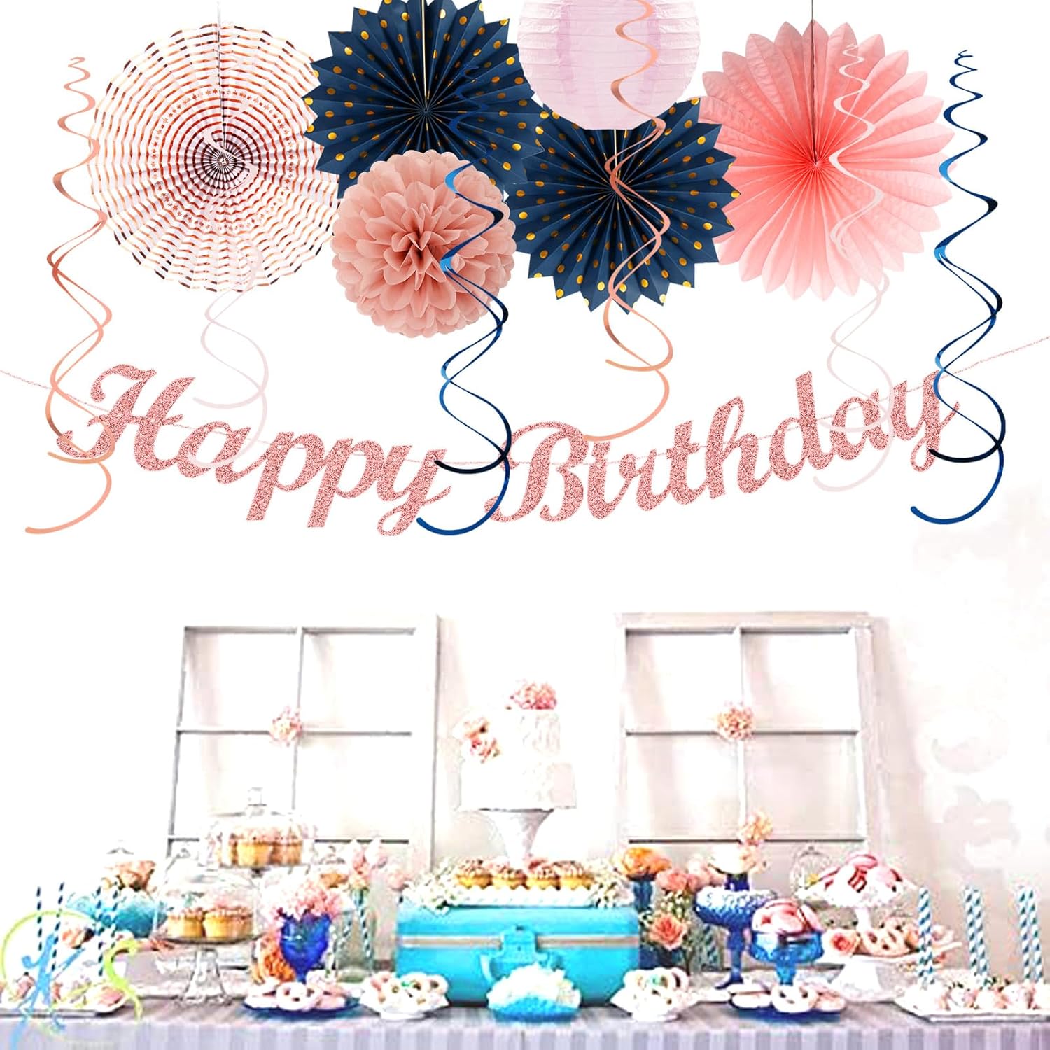 ピンクローズ-ゴールドネイビーブルー誕生日パーティー-21個 レディース ガールズ ハッピーバナーガーランド、ペーパーストリーマーラ