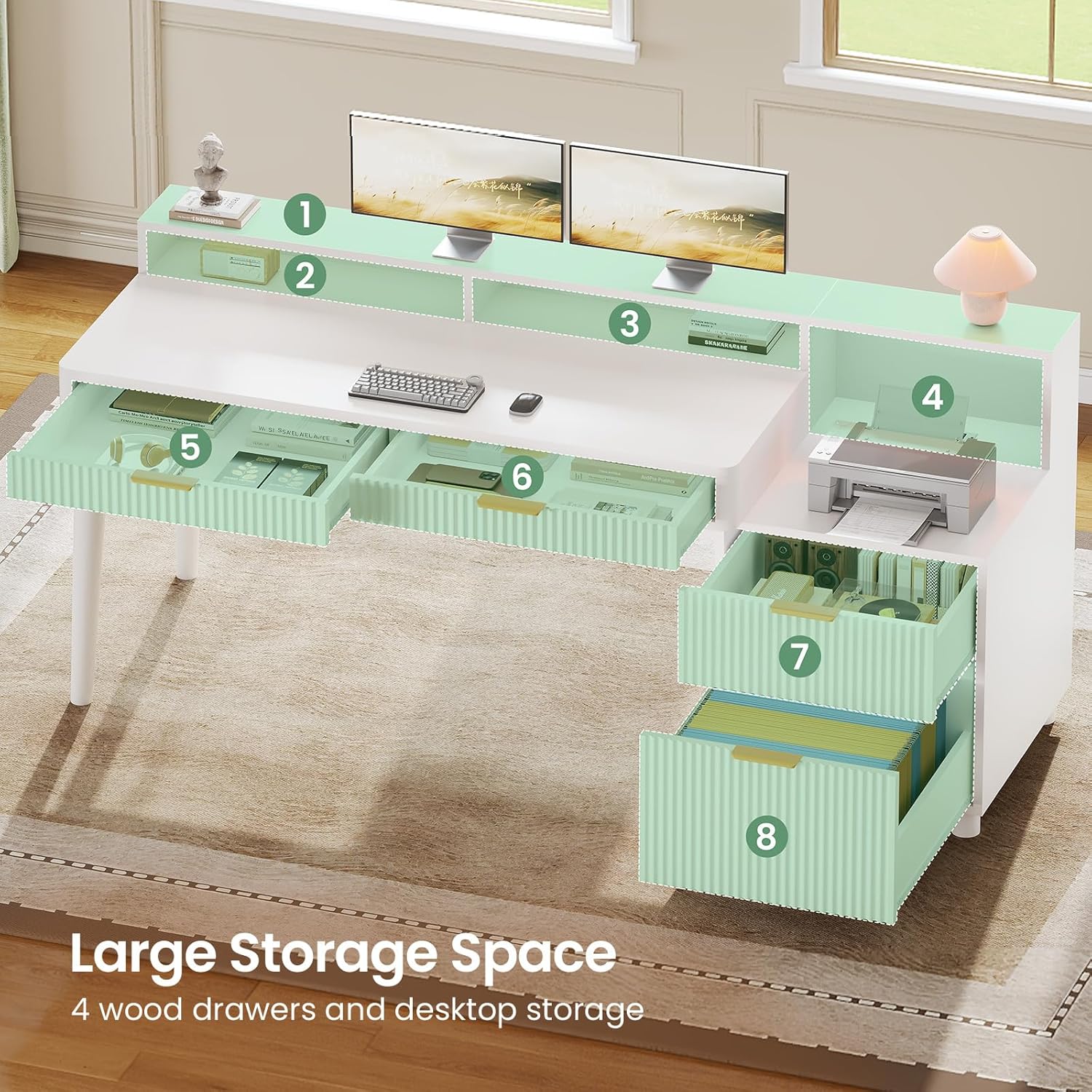 SEDETA Office Desk with 4 Storage Drawers, 59" Fluted Wood Gaming Computer Desk with LED Lights and Power Strip, Modern Writing Desk Study Table for Home Office, Living Room, Bedroom, White