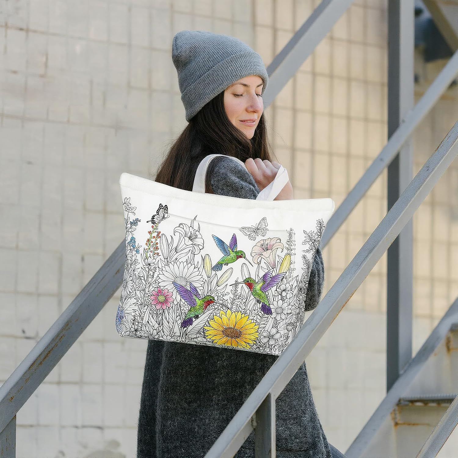 Mindsoft Color Your Own Tote Bag for Adults Craft Kits with 24 Acrylic Markers Colour Makeup Bag DIY Painting Art Kit for Women, 17.7 x 13.3 x 3.9 Inches (Spring)