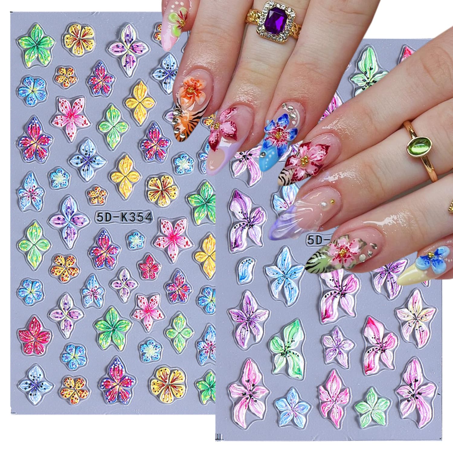 Colorful Flower Nail Art Stickers 5D Embossed Hawaiian Flowers Nail Decals Self-Adhesive Lily Hibiscus Floral Nail Design Stickers Spring Summer Nails