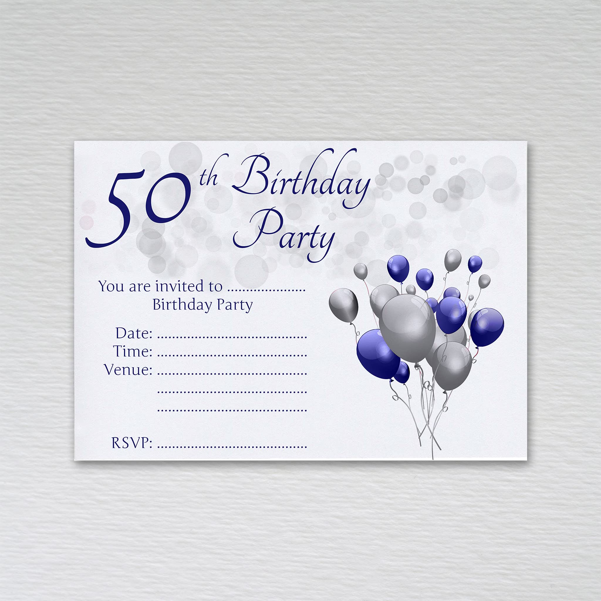 Pack of 50th Birthday Party Invitations: Blue & Silver Fiftieth Invites for Male/Female Birthday Parties (Pack of 50 Blue & Silver Without Envelopes) — image 1