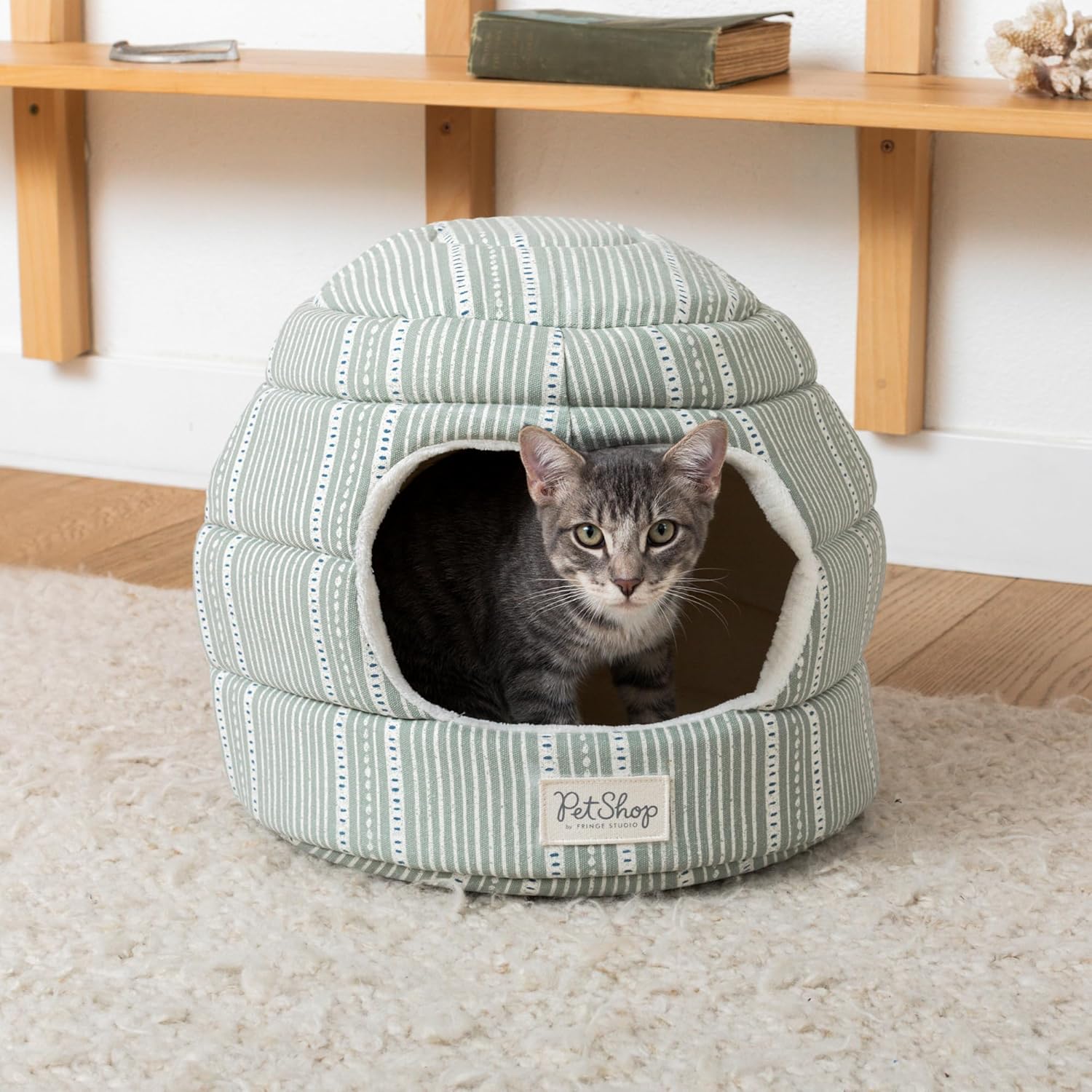Fringe Studio Block Stripe Dusty SAGE 2-in-1 Pet Hut/Pet Bed with Removable Cushion 14" H x 15" W x 15" D, 100% Cotton Canvas Exterior w/Foam Filling, Machine Washable, PetShop Collection (209008)
