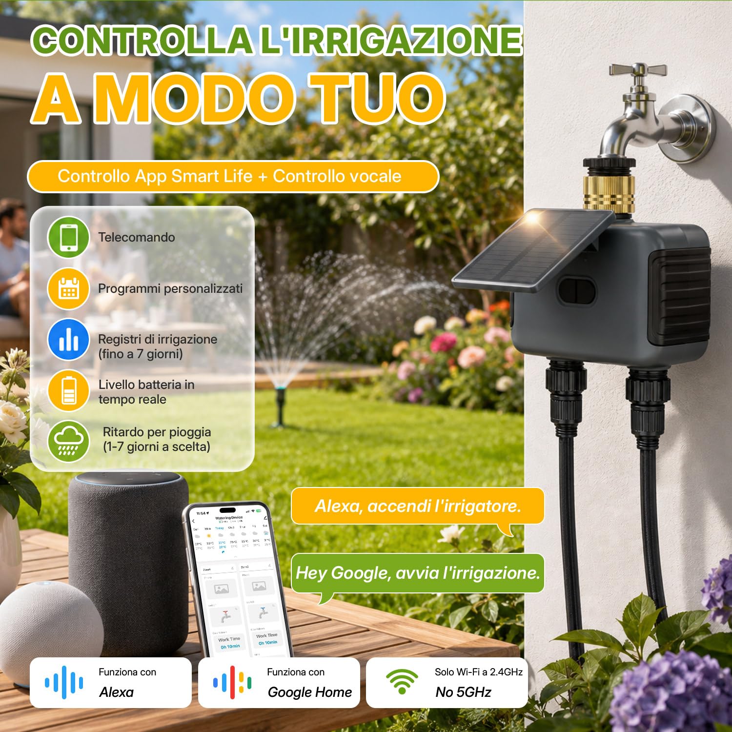 Mcbazel Timer Irrigazione Solare WiFi a 2 Zone, Centralina Smart con Ricarica Solare e USB-C, Programmatore Irrigazione con Ritardo Pioggia, Automatica/Manuale, IP55 Impermeabile