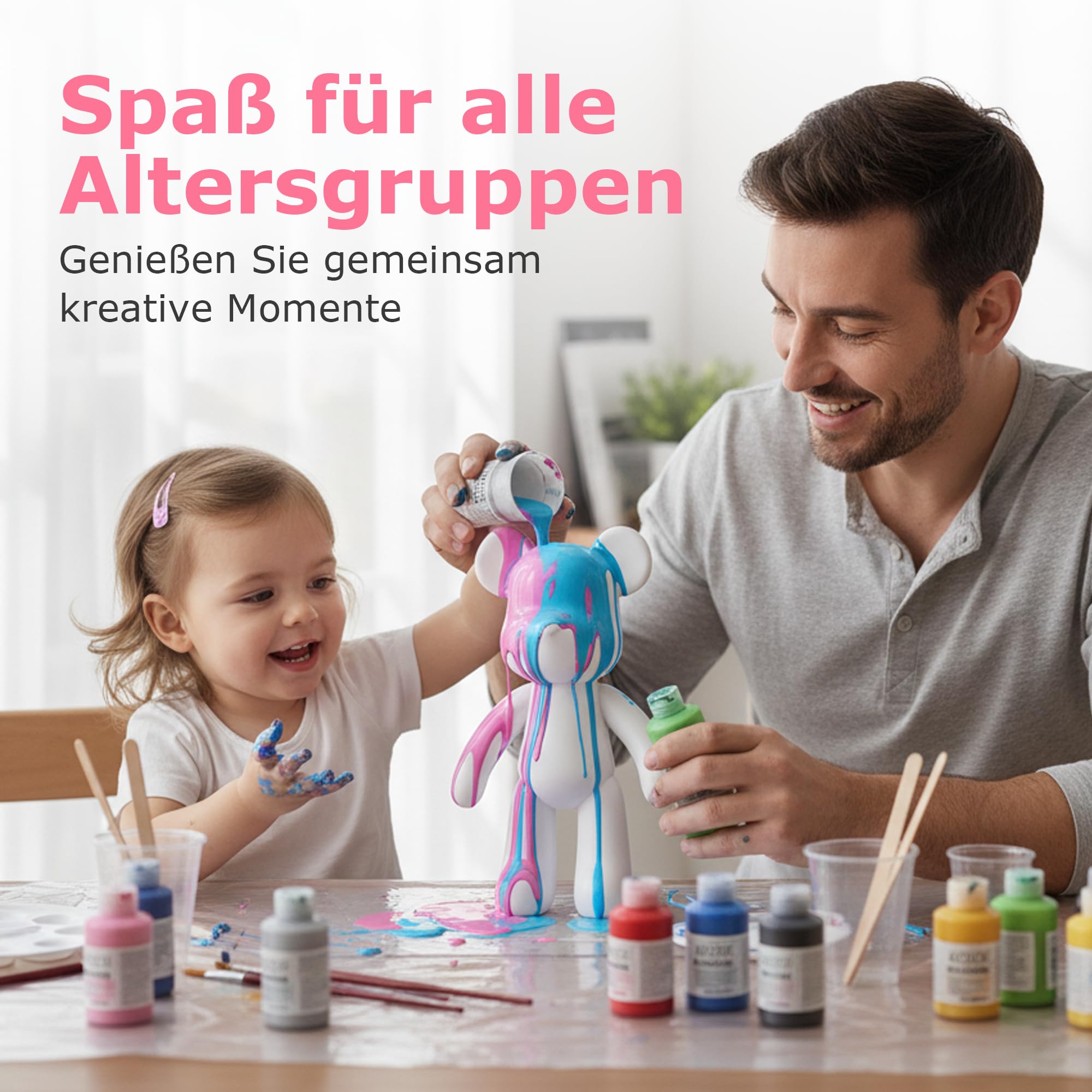 Generisch Kit per decorazione domestica fai da te, con statuetta a forma di orsetto bianco da pitturare, incl. 3 pitture liquide, pennello, tovaglia e grembiule (blu)