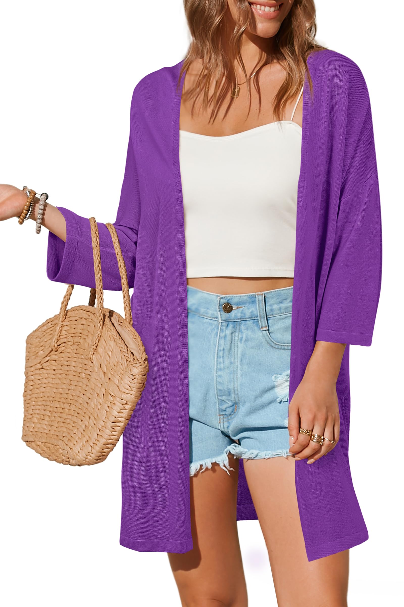 Arach&Cloz Cardigan da Donna Lungo Leggero Casual Manica 3/4 Aperto sul Davanti Cardigan Estivo da Spiaggia