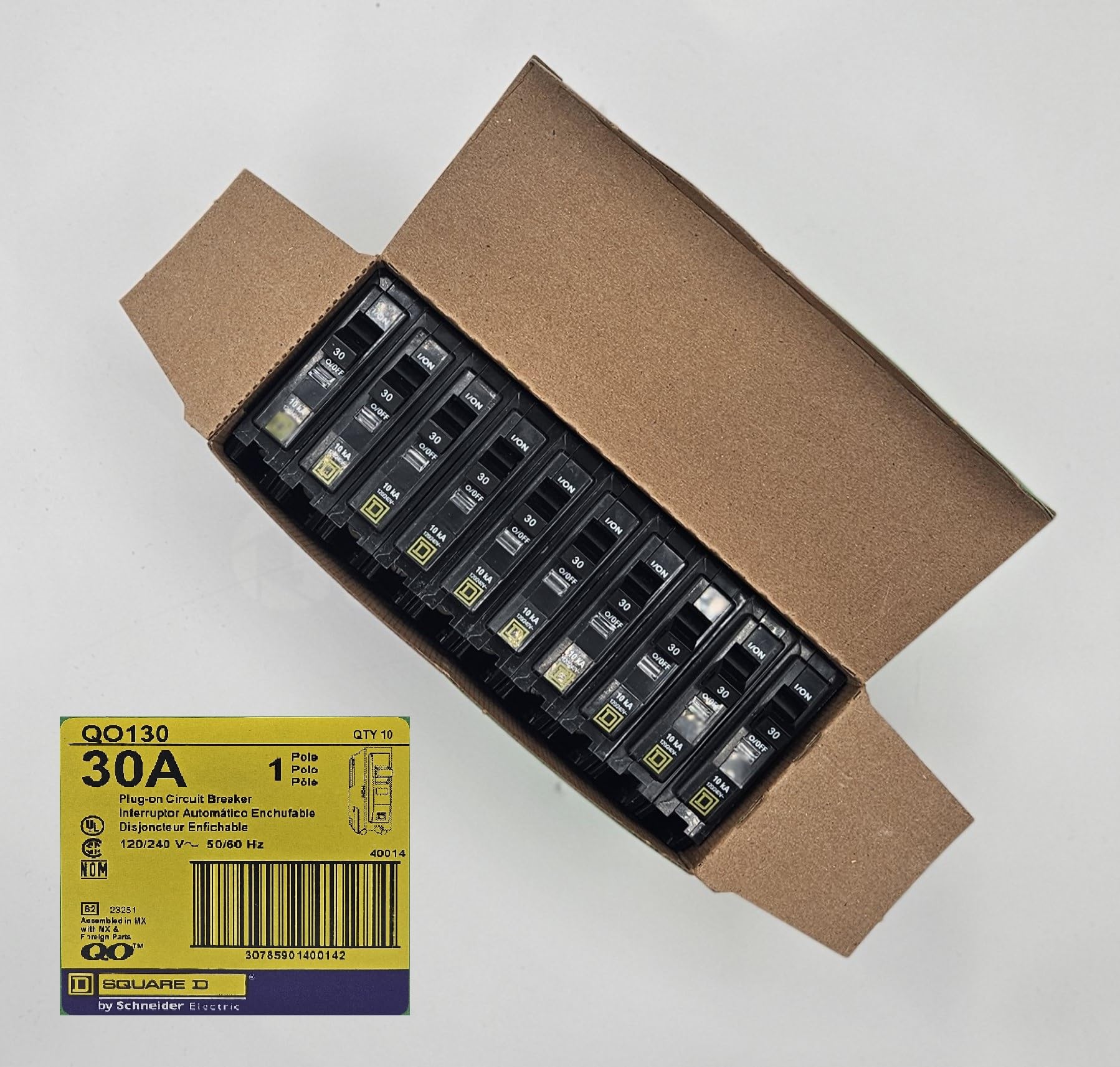 Square D QO130 Circuit Breaker, 10 Pack, QO, 30 Amps, 120 Volts, UL Listed, 1 Pole, 10kA AIR, Standard Type, Plug in, Qty 10