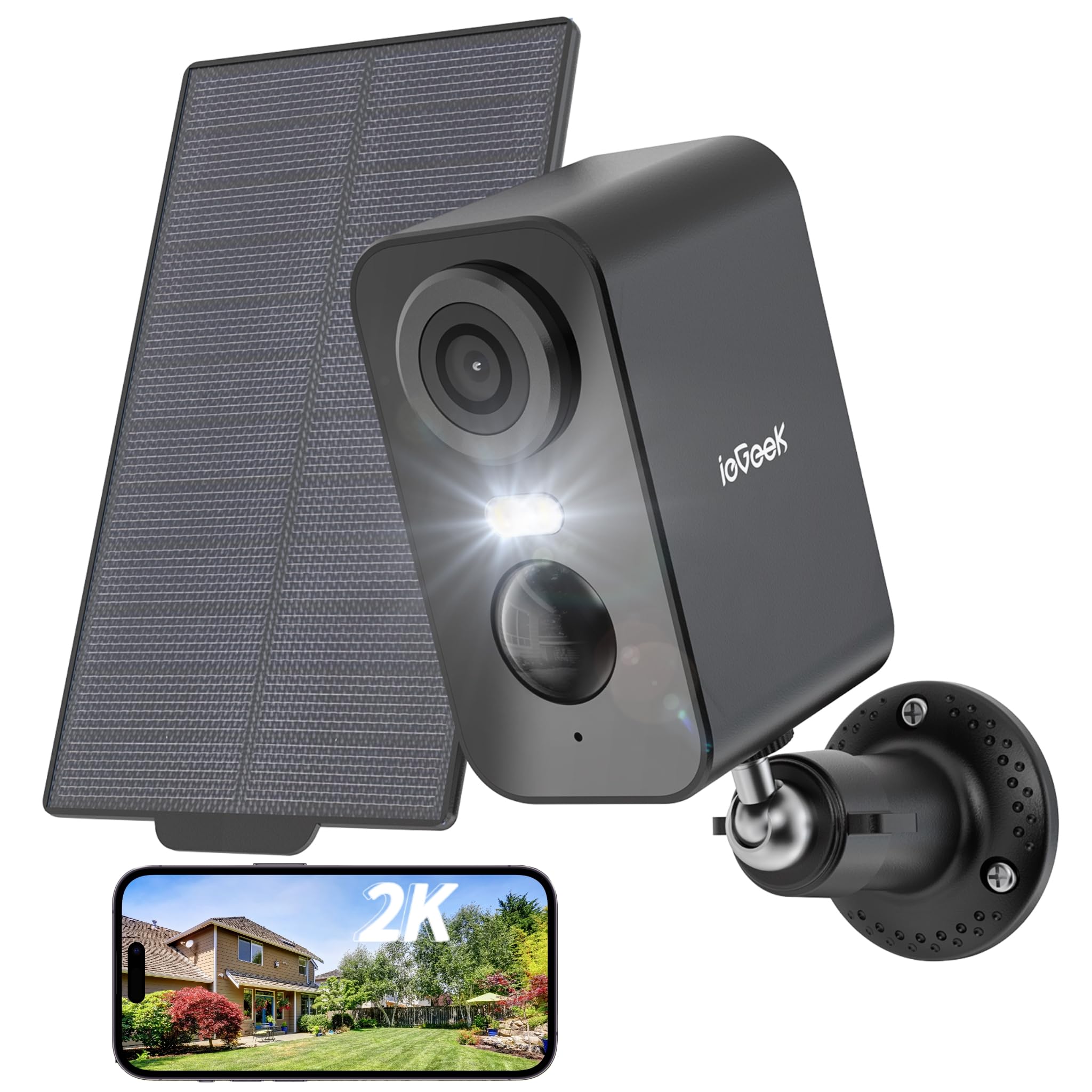 ieGeek 2K Camera Surveillance WiFi Exterieure sans Fil Solaire, Caméra Batterie, Vision Nocturne Couleur, AI & PIR Détection Mouvement, Audio Bidirectionnel, Étanche IP65, Alexa, ZS-GX3S, Noir