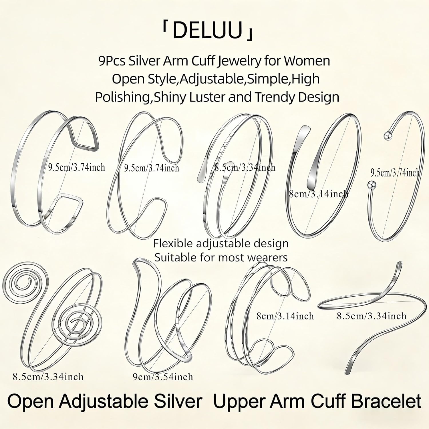 DELUU 9PCS Gold Arm Cuff Bracelets for Women, Upper Arm Band Set | 14K Gold Plated,Open Adjustable Cuff,Durable Armband Cuff,Comfortable for Arm,Ideal for Costumes and Custom Party,Halloween