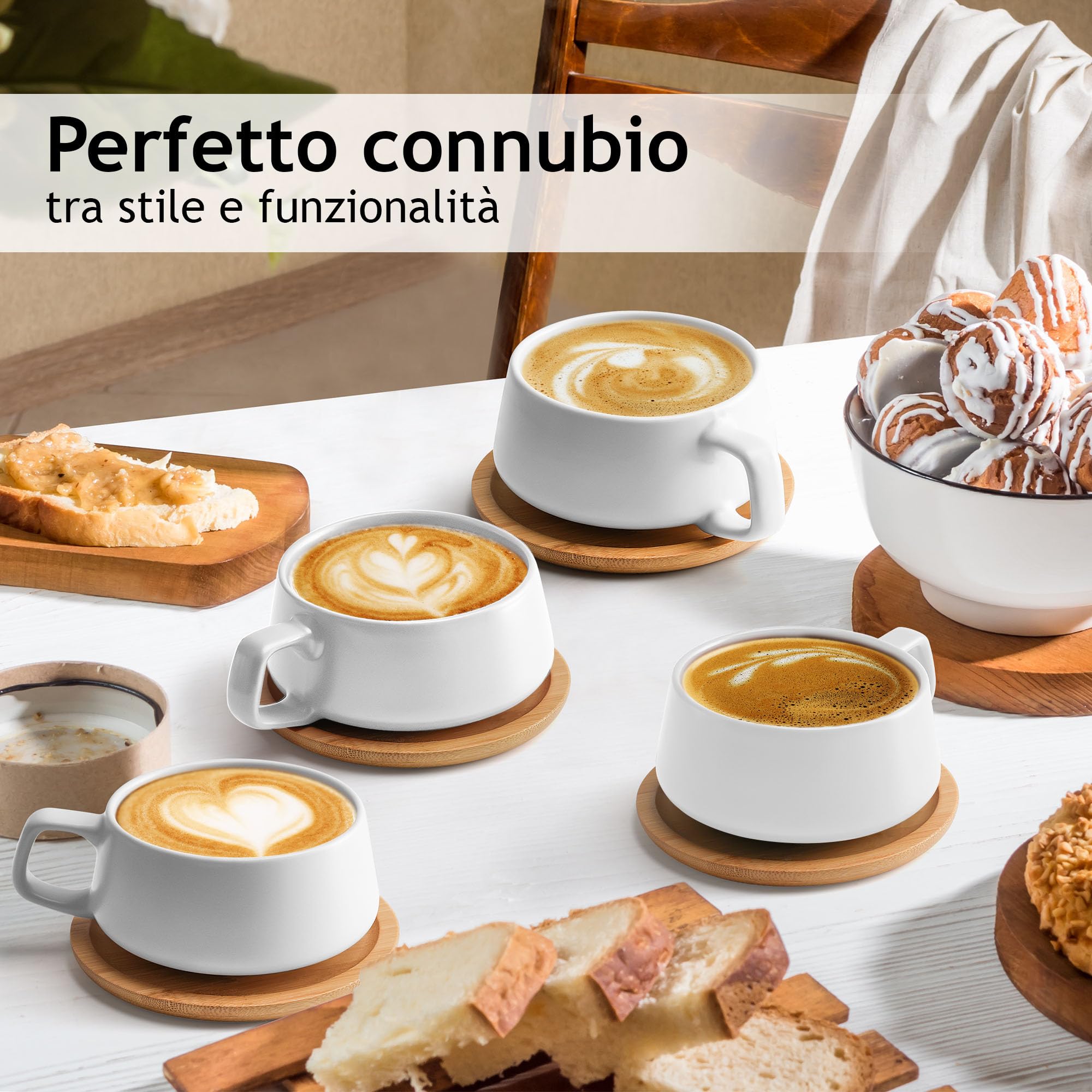 MIAMIO - 4 tazze da caffè da 320 ml/set di tazze e piattini/eleganti e moderne tazze da caffè in gres - set di 4 pezzi della collezione Luxe (Bianco)