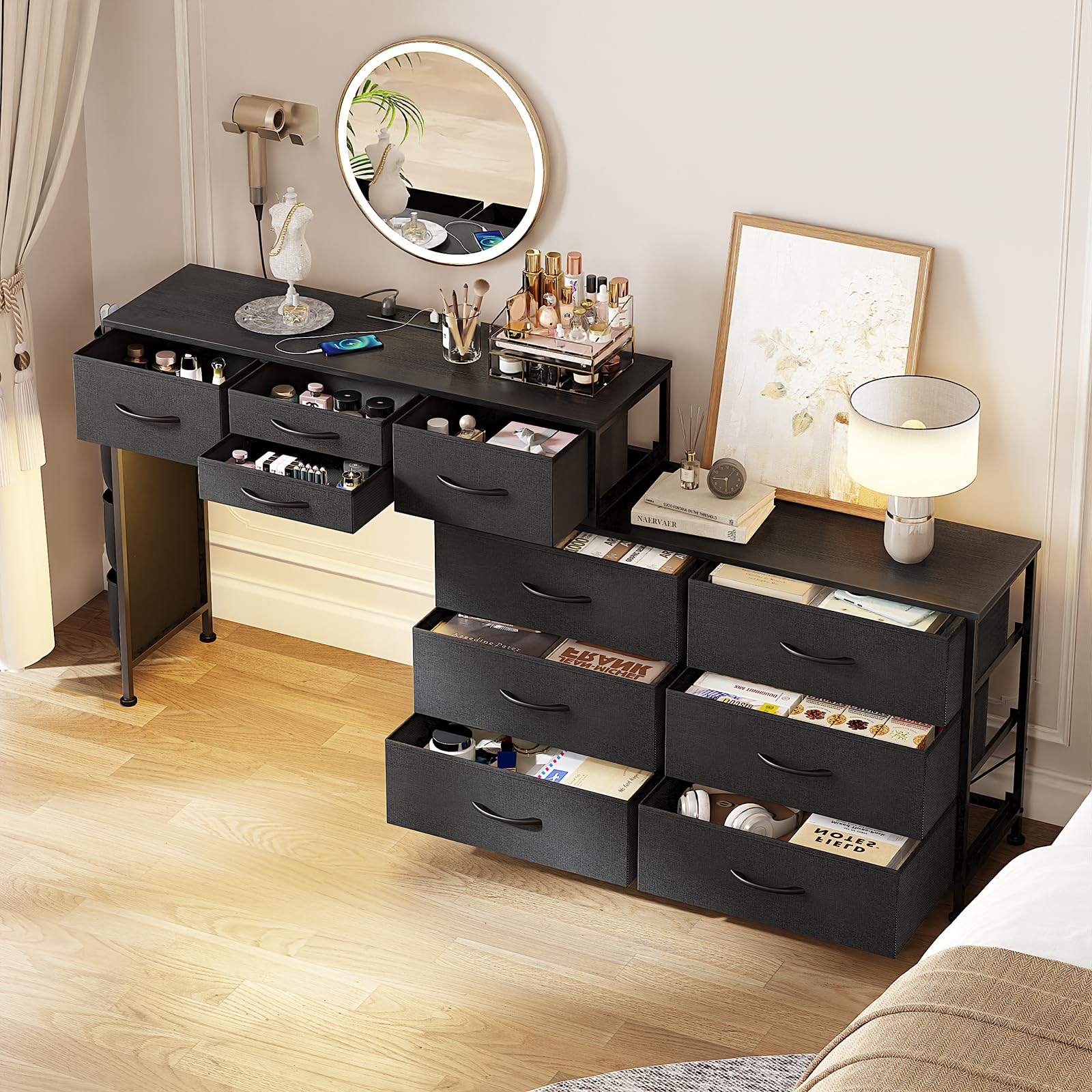 Cómoda de 170 cm con estación de carga y luz LED, mesa de tocador giratoria con 10 cajones de tela y bolsillos laterales, mesa de maquillaje moderna para oficina en casa, gris negro