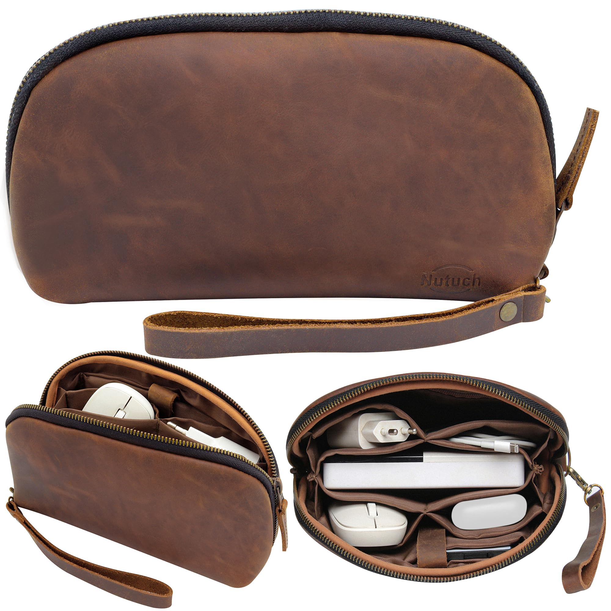 NUTUCH Leather Tech Pouch for Cables Chargers Phone | Tech Bag | Zipper Travel Accessory Pouch | Electronic Organizer Case Travel Bag (Large Vintage