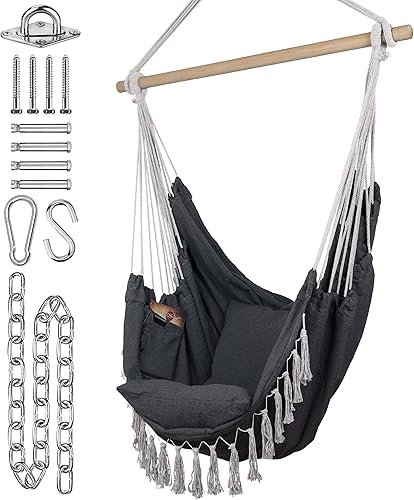 KOMOREBI Silla hamaca  Gris  60 x 47 pulgadas  Columpio de cuerda colgante para interiores y exteriores  Lona de algodón suave y duradera  2 cojines