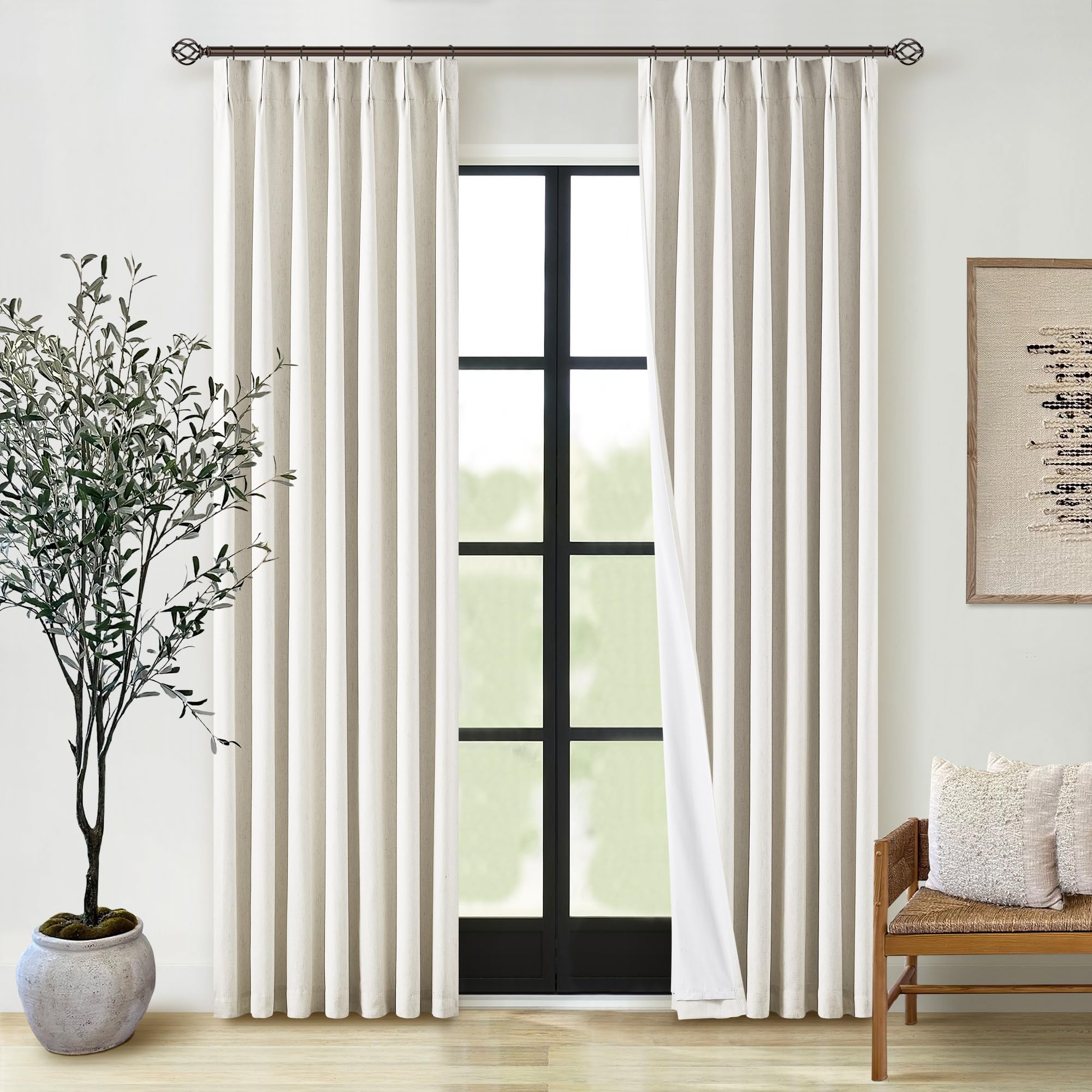 Photo 1 of Natural Linen Pinch Pleated Curtains Blackout 100% Black Out Curtains 80 Inches Long 2 Panels Pinch Pleat Two Layer Drapes with Liner Back Tab Thermal Insulated Blackout Drapes for Bedroom Cream