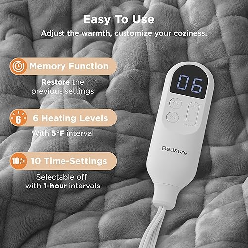 Vista 225 de Bedsure - Manta eléctrica tamaño matrimonial; térmica, de franela suave, calentamiento rápido, 10 ajustes de tiempo y 6 ajustes de calor; regalo 01