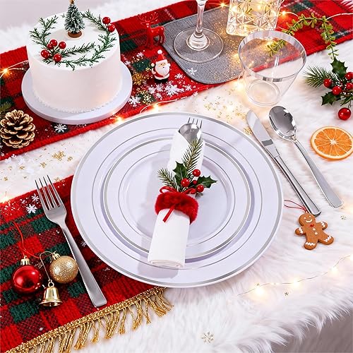 Miniatura 6 de DaYammi Juego de vajilla de plástico plateado de 350 piezas para 50 invitados, platos desechables elegantes para Navidad, incluye 50 platos llanos,