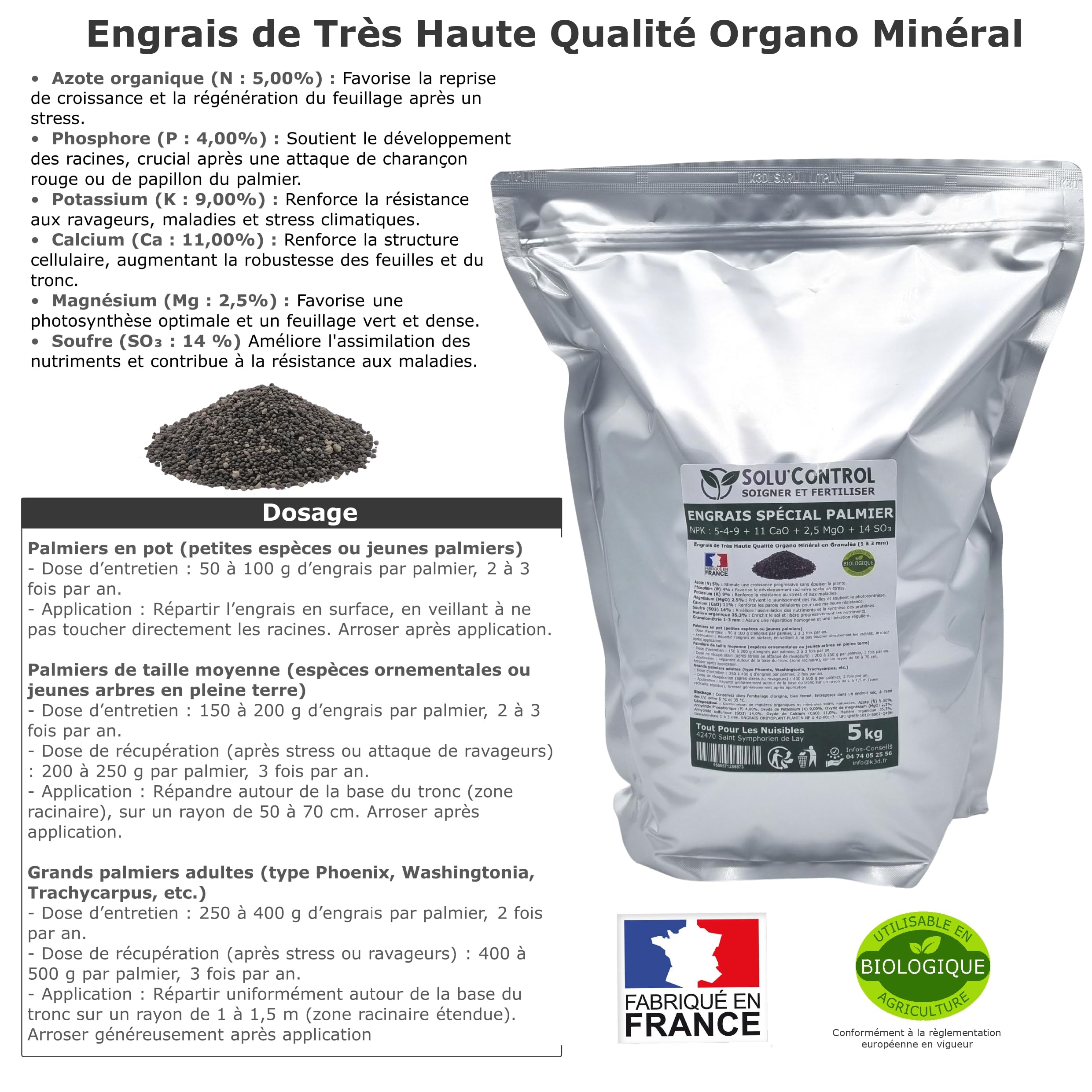 Engrais Spécial Palmier 5 kg - SoluControl - Formulation haute qualité Organo-Minerale - Idéal après attaque du charancon rouge ou du papillon du palmier.