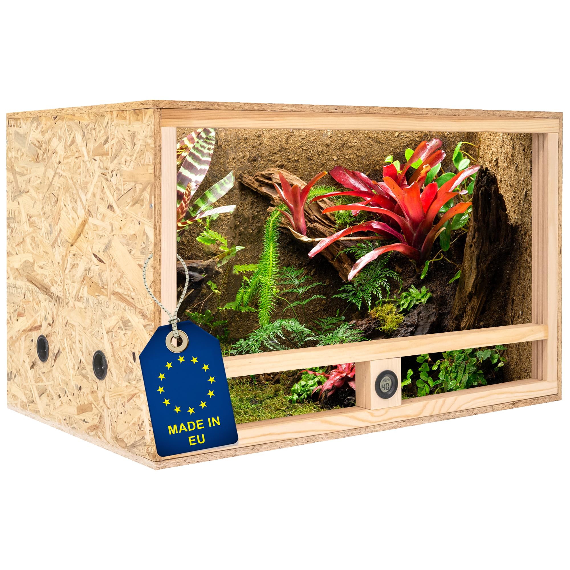 ITA Terrario de Madera 80x50x50 cm con ventilación Lateral e higrómetro Integrado - Terrarios de OSB-3 - para Reptiles, Serpientes, Anfibios - Producto UE, Certificado FSC