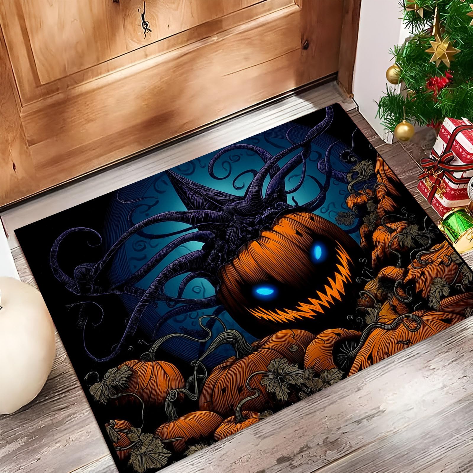 Tapis citrouille effrayante antidérapant et lavable pour entrée de maison