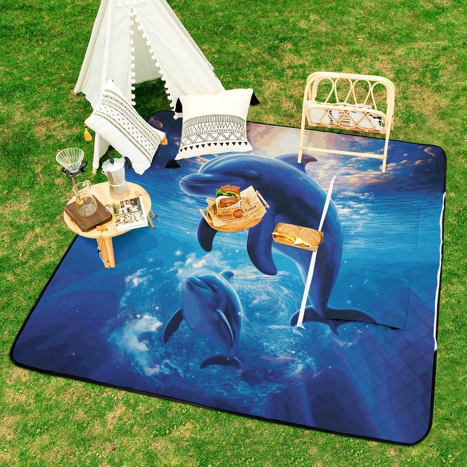 Manta de picnic y playa, manta de picnic portátil, grande, manta de picnic con lindos delfines, plegable, duradera, para playa, camping, césped, parque, accesorios