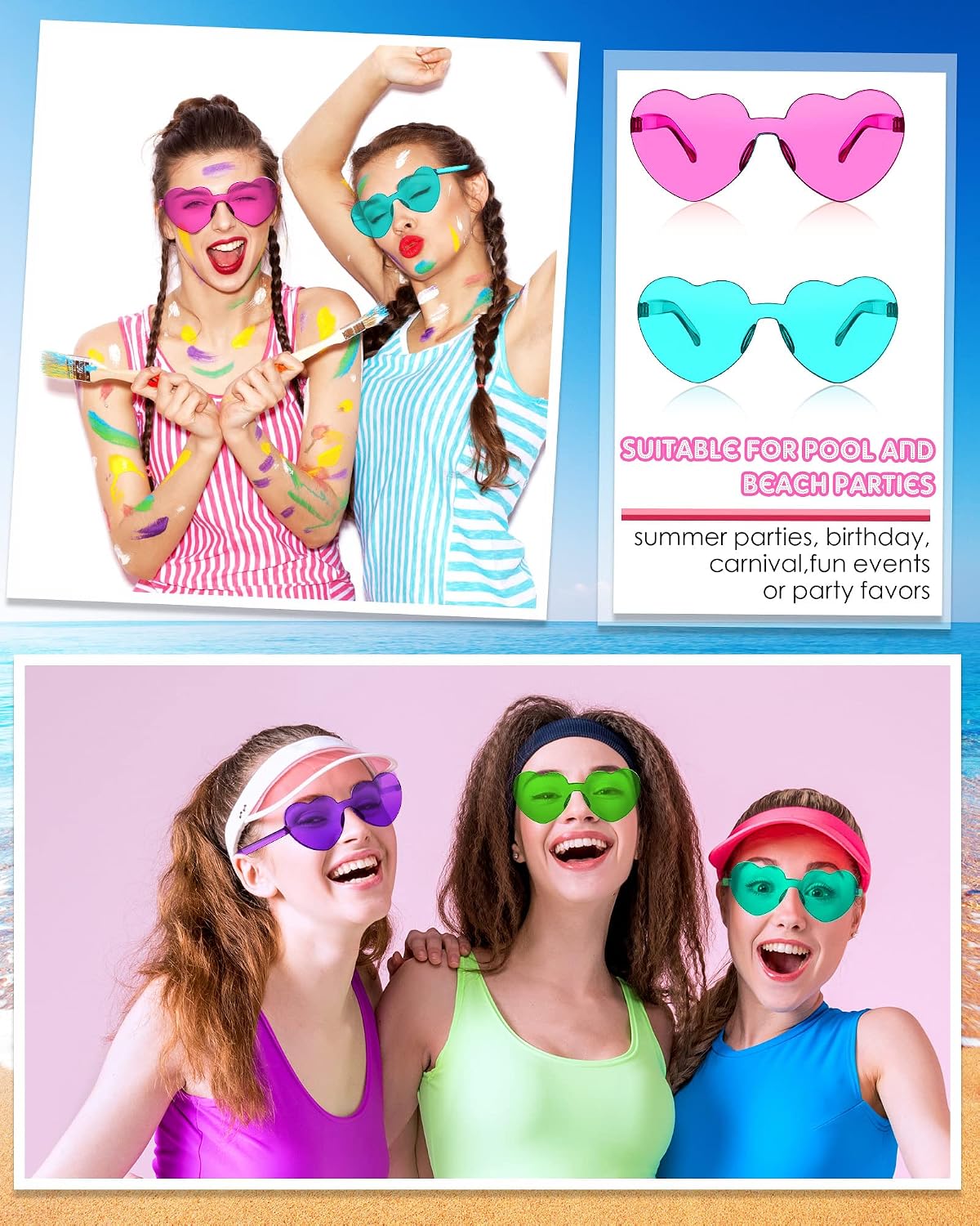 Frienda 8 Pairs Heart Shaped Sunglasses for Women Rimless Heart Glasses Candy Color Sunglasses for Party Favor