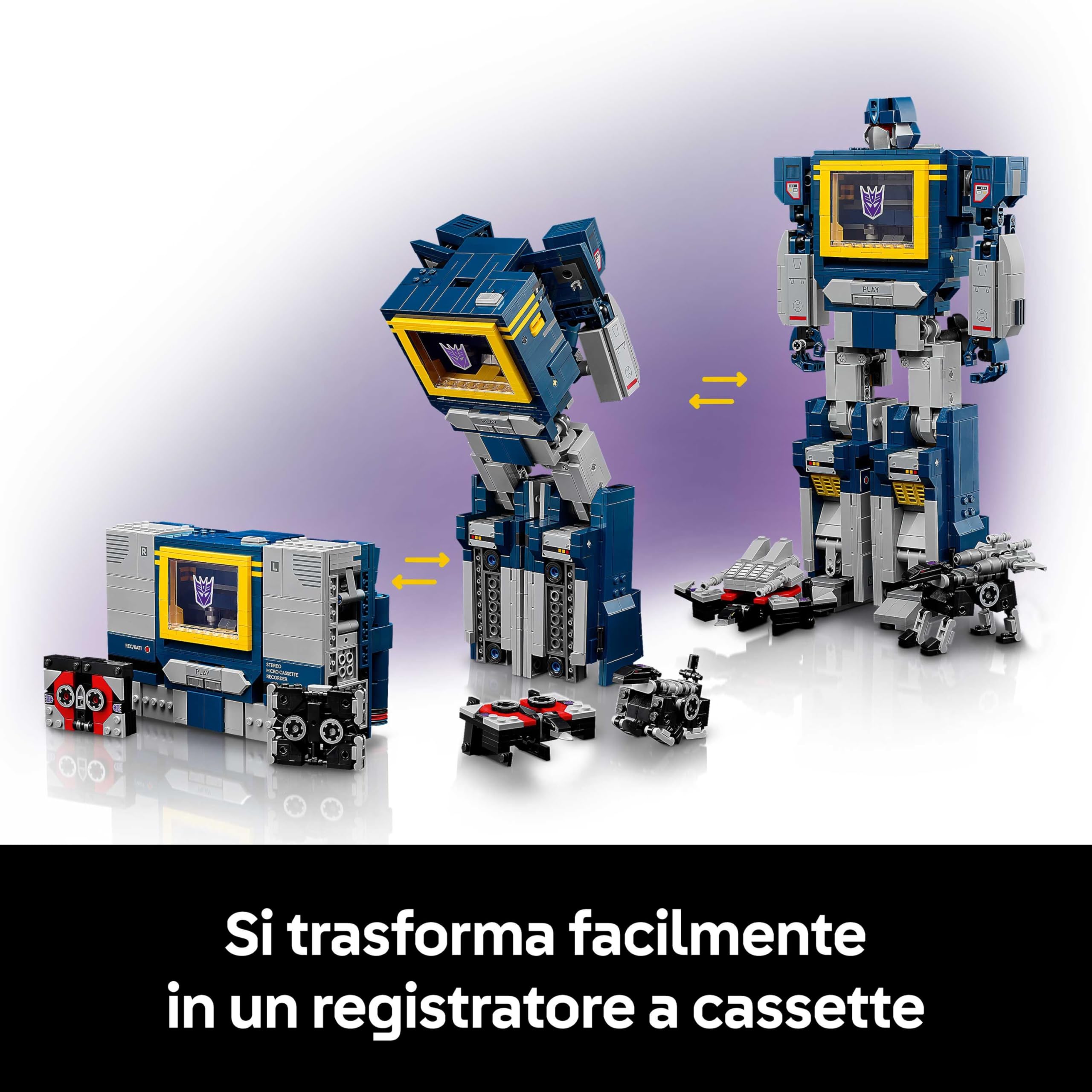 LEGO Icons Transformers: Soundwave Set per Adulti - Kit di Modellismo da Esposizione con Figure Trasformabili tra cui Laserbeak e Ravage, e un Mattoncino Sonoro - Regalo da Collezione per Fan - 10358