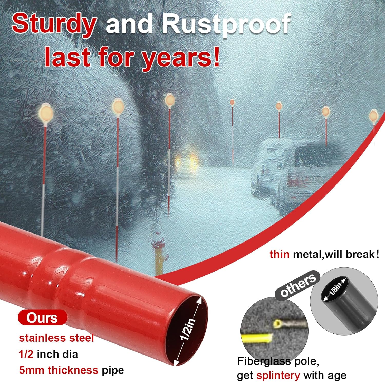 Reflective Driveway Markers - 50”High Visiblility Driveway Reflectors Double Sided with Red & White Extra Thick Stainless Steel Pole - Rustproof for Road,Property Line,Yard,Snow Plowing - 8 Pack - Image 4