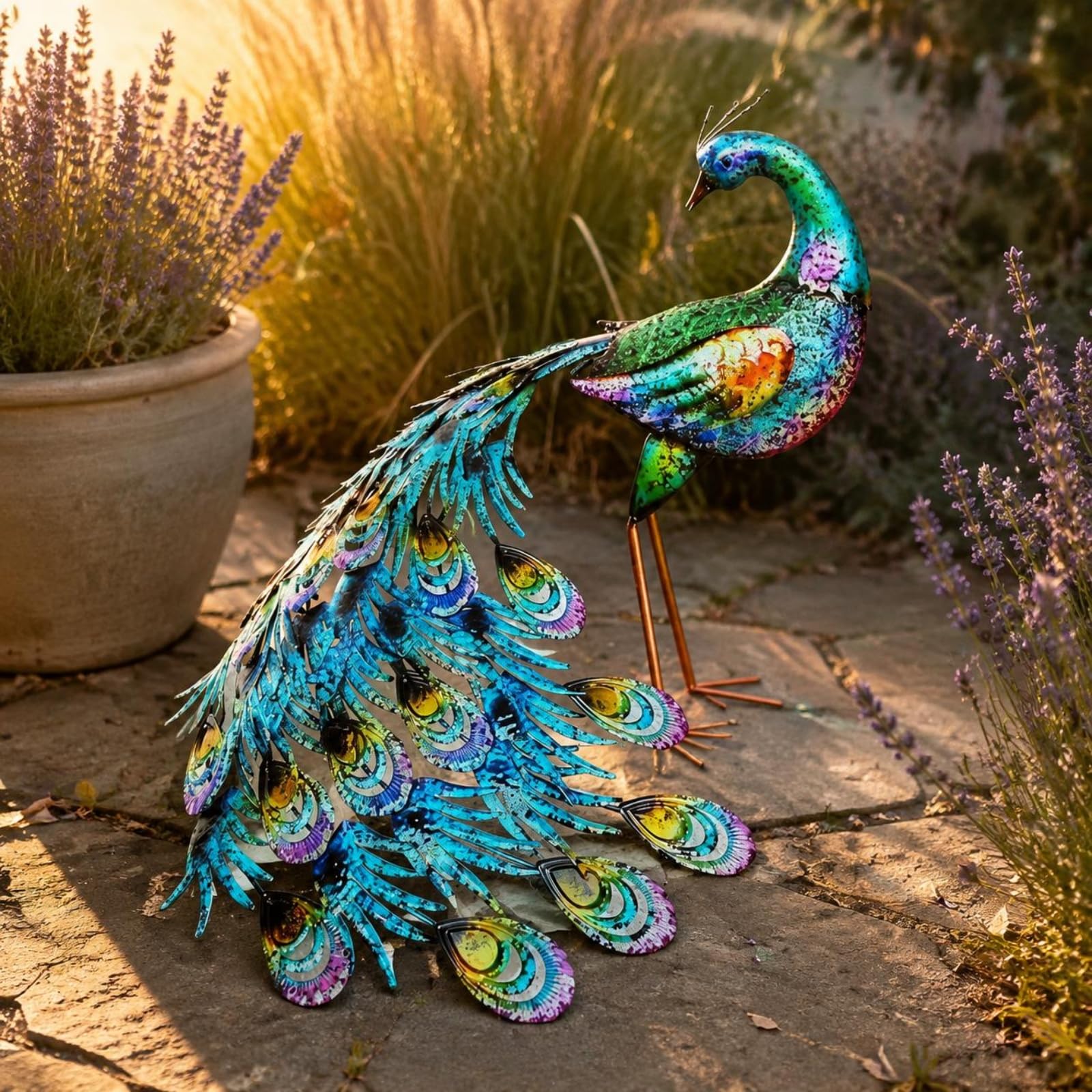 Estatua de Decorativa Figura Escultura Adorno Ornamento Metálico con Diseño Llamativo y Efecto Acogedor Adecuada para, Pavo Real De Cola Grande con Cabeza Recta — Sin Luz — 49.5 45.5 48cm