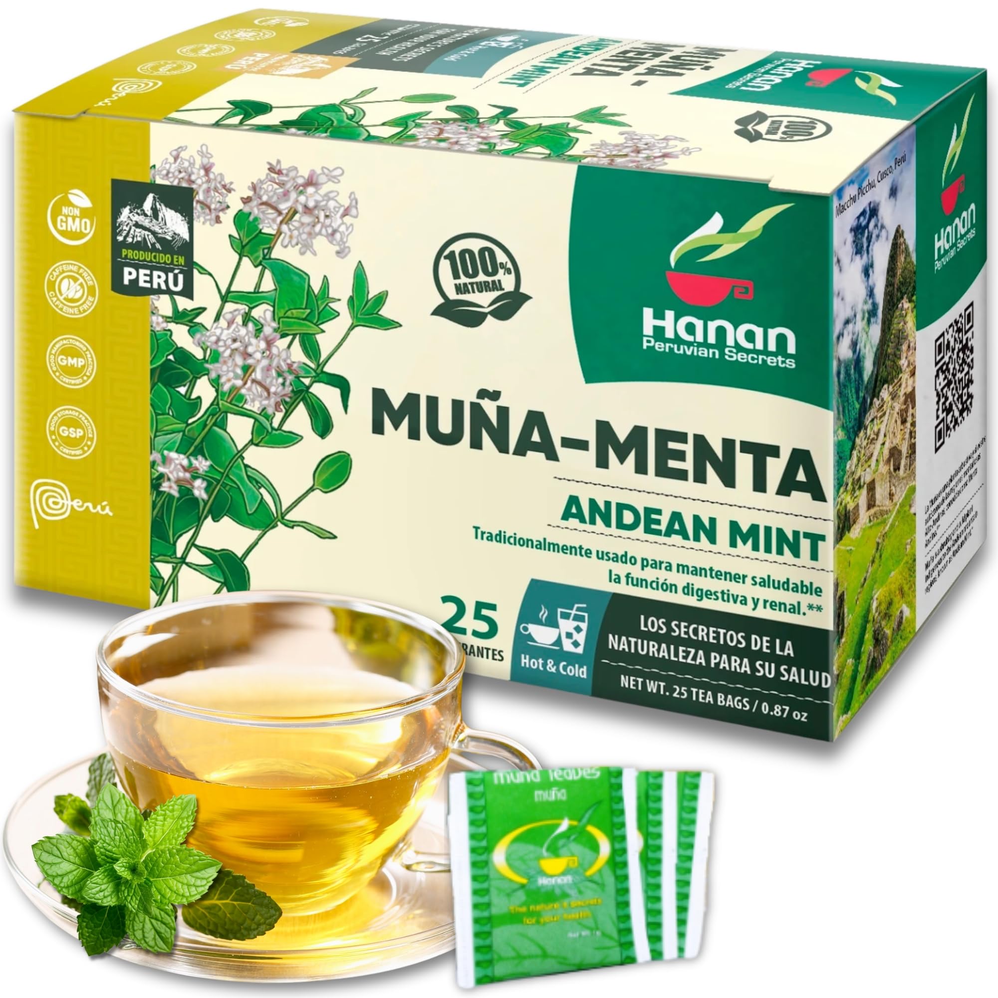 Hanan Muña Tea Bags – 100% Natural Andean Mint Herbal Tea from Peru, 25 Bags of Traditional Té de Muña del Perú, Caffeine-Free for Digestion, Fresh Flavor and Relaxation