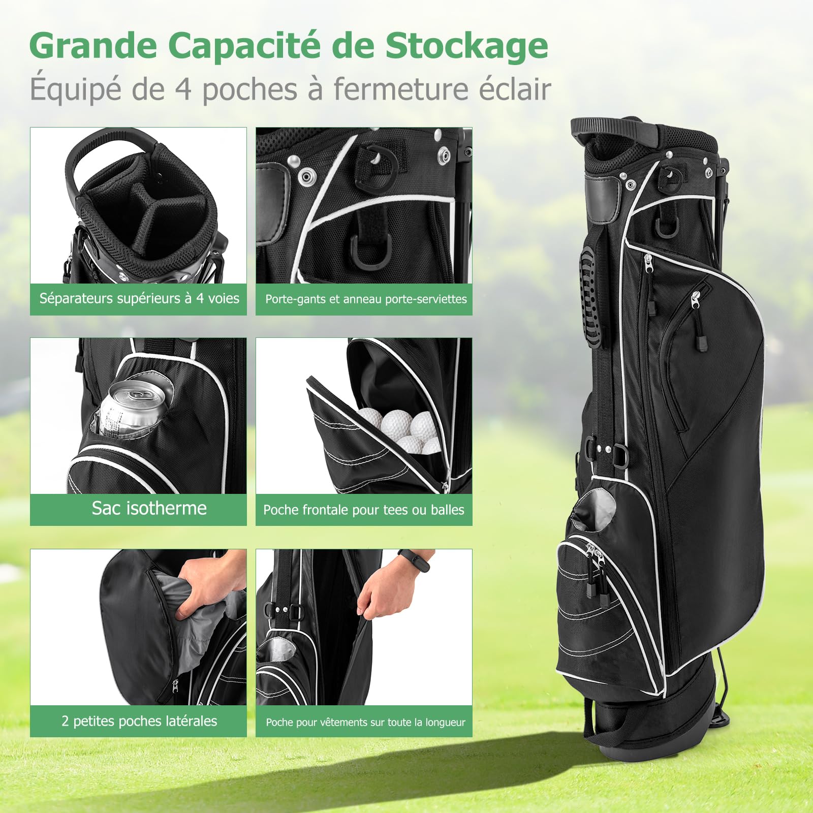 GYMAX Sac de Golf Trépied Léger, avec 4 Séparateurs pour Clubs, 4 Poches pour Tees, Boissons, Vêtements, Pieds Solide avec Patins Antidérapant, avec Capuche de Pluie