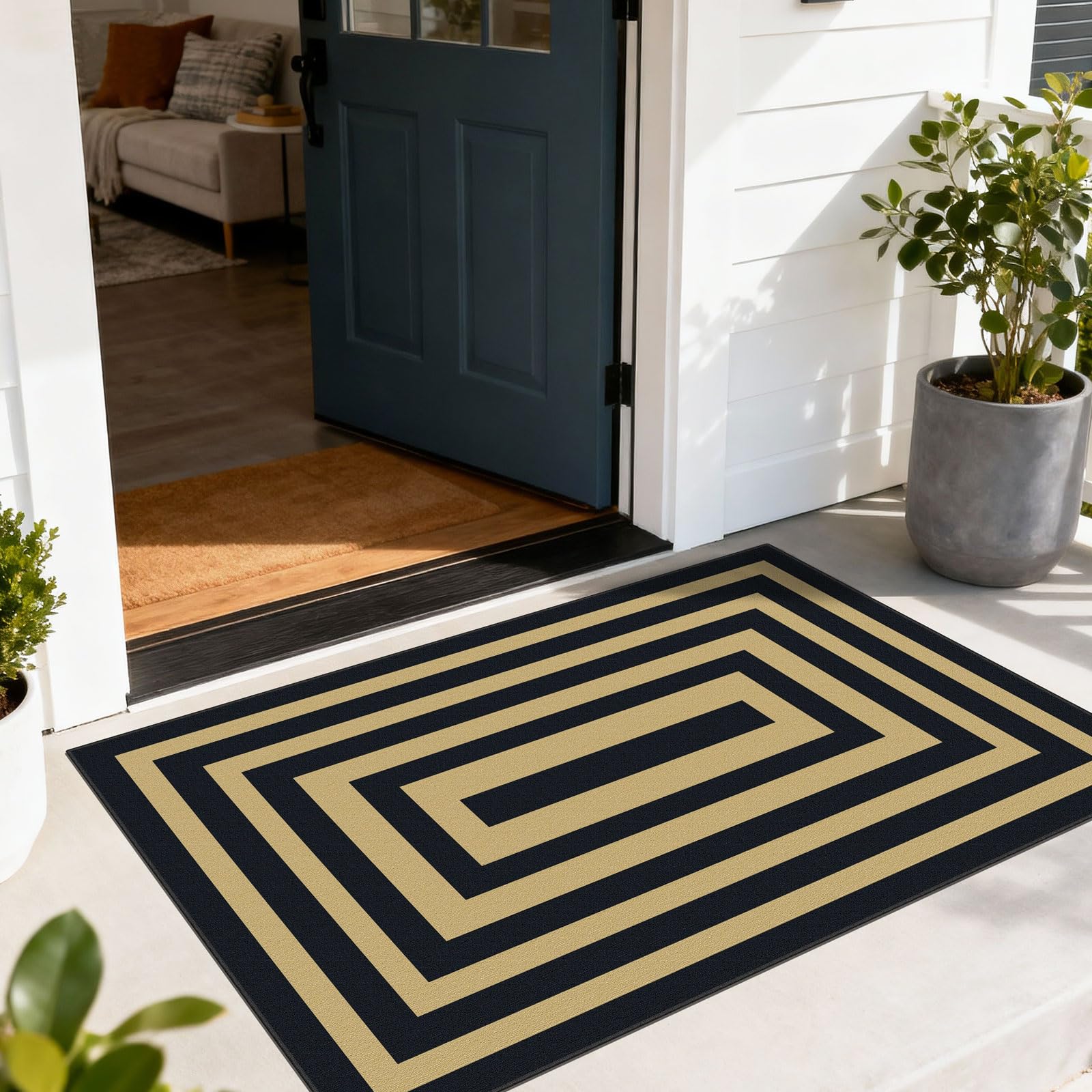 Othilic Modern Outdoor Rug - 28" x 43" Front Door Mat Indoor Outside Entrance Non-Slip Washable Outdoor Mat Black Tan Geometric Rug for Entryway Kitchen Bedroom Layered Doormat for Front Porch