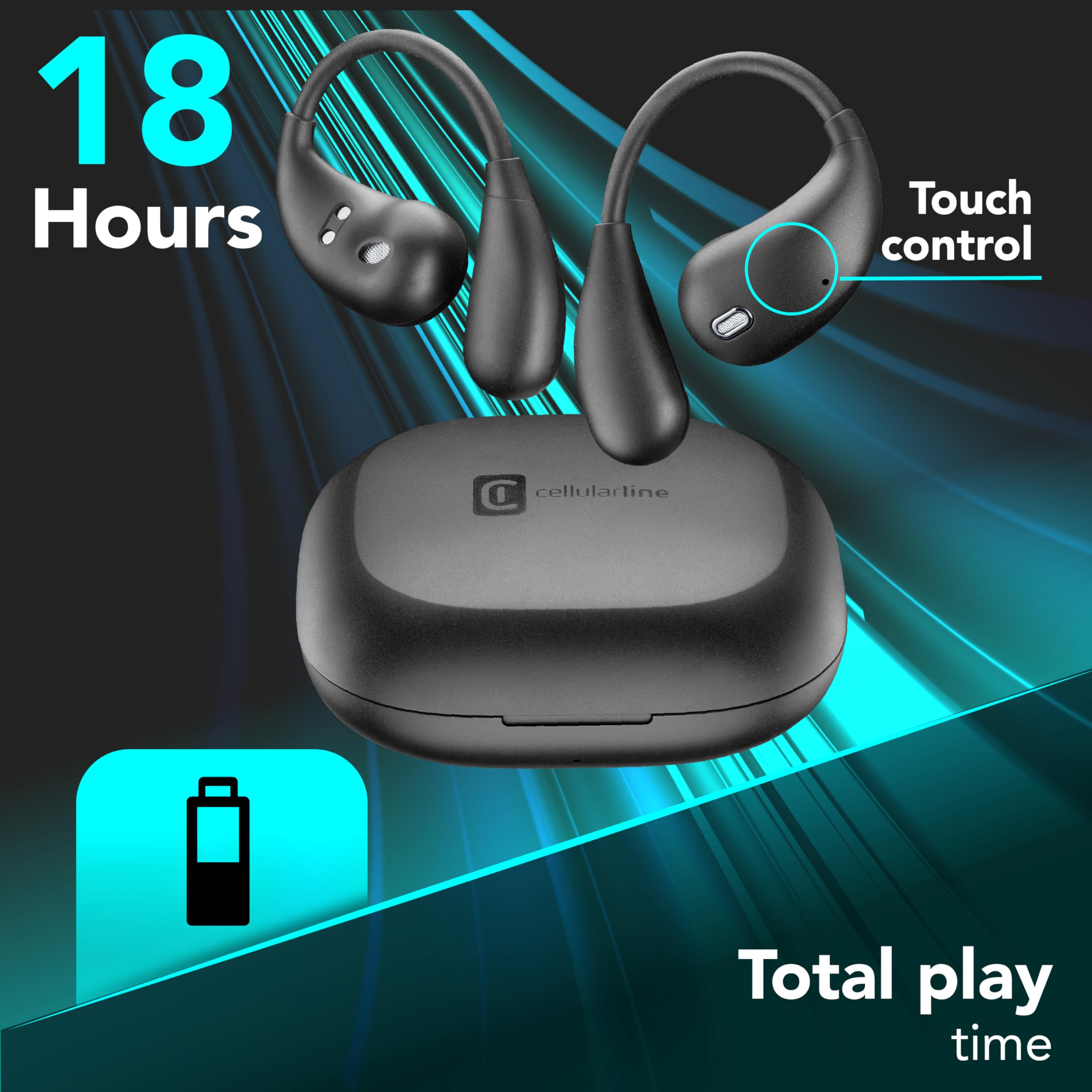 cellularline auricolari TWS NEBIT con assistente vocale, traduzione in tempo reale in oltre 100 lingue, trascrizione istantanea, riassunti IA, open-ear, display LED, nero