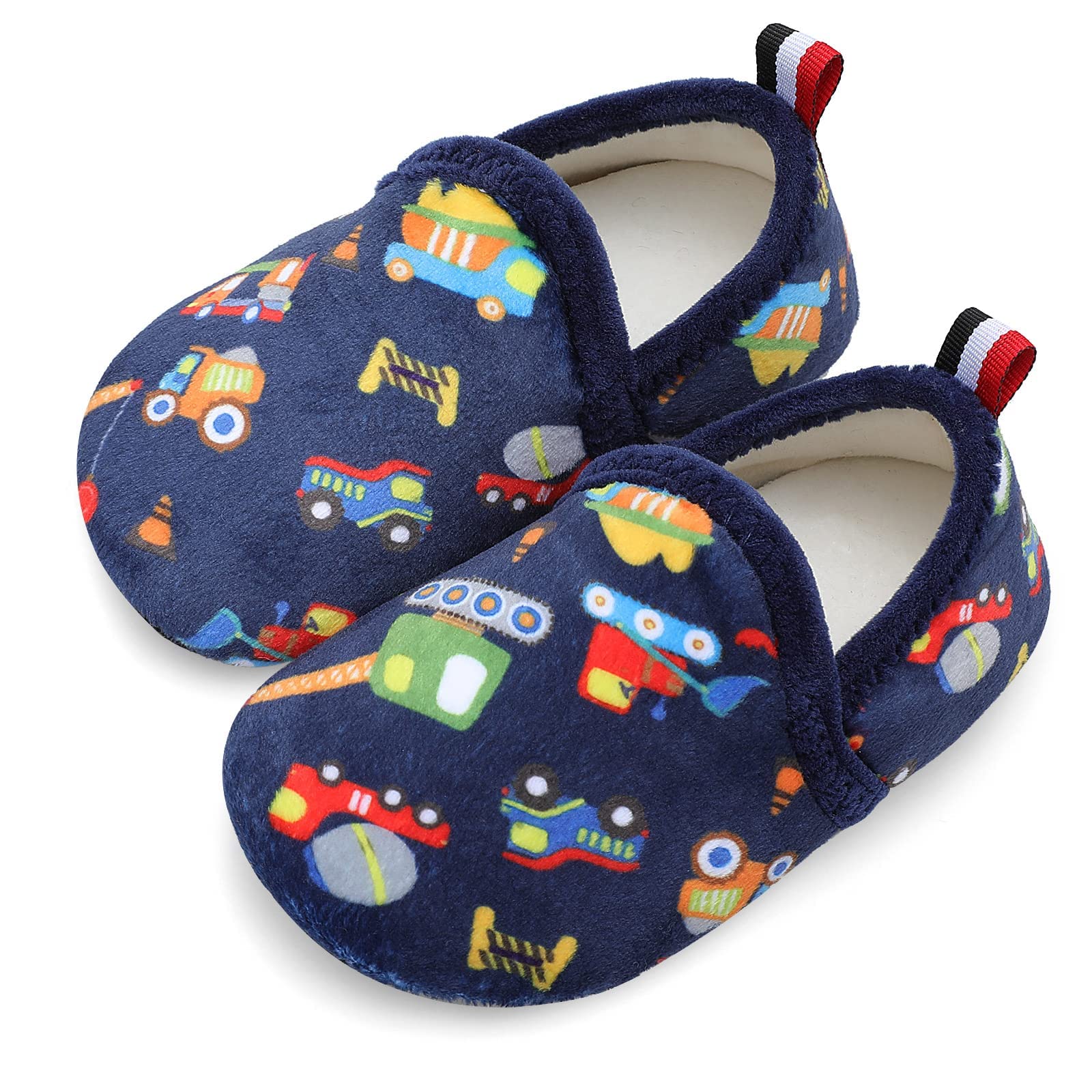 XIHALOOK Cute Soft Slippers for Toddler Boys Girls Slip on House Shoes Indoor for Walking Running Non-slip Navy Car, 5.5-6 Infant