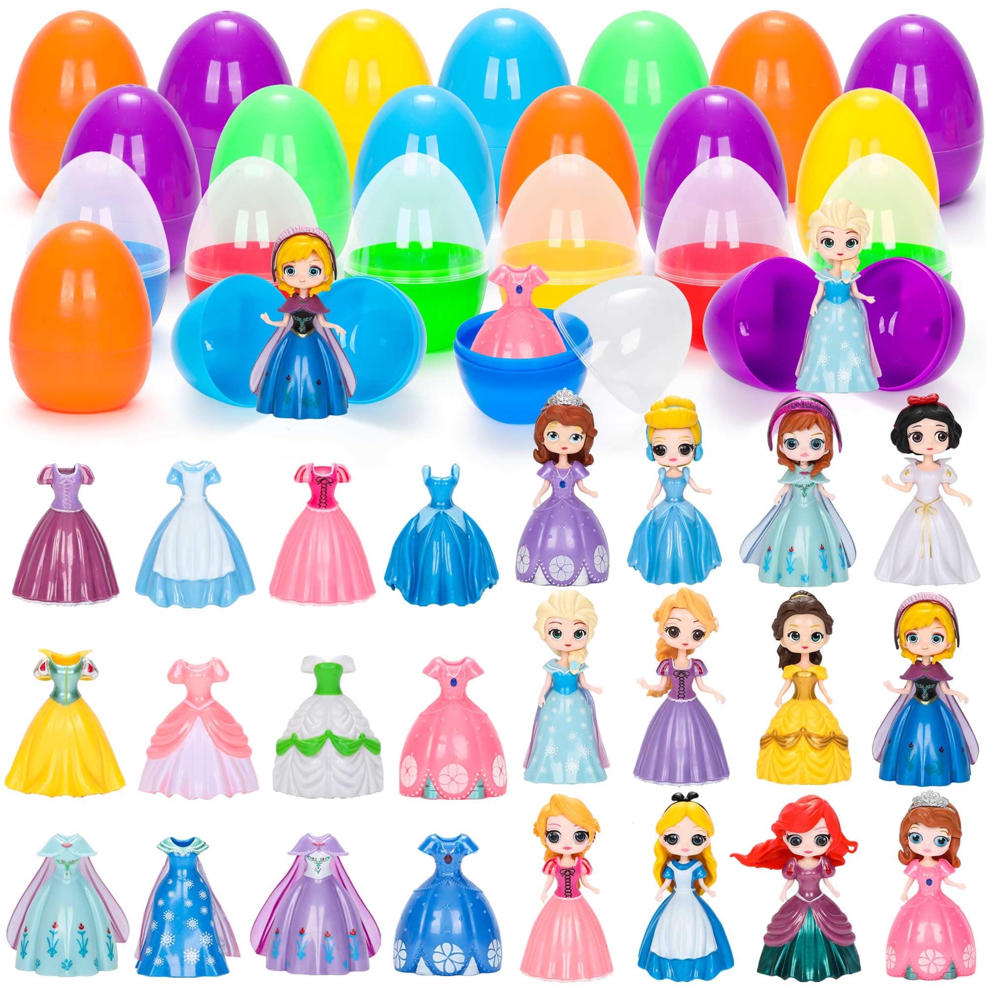 Jumbo Prefilled Easter Eggs with Princess - 12 Princesses and 24 Clothes 24 Easter Eggs Basket Stuffers Princess Toy Inside for Kids Easter Egg Hunt Party Favors Classroom Prizes