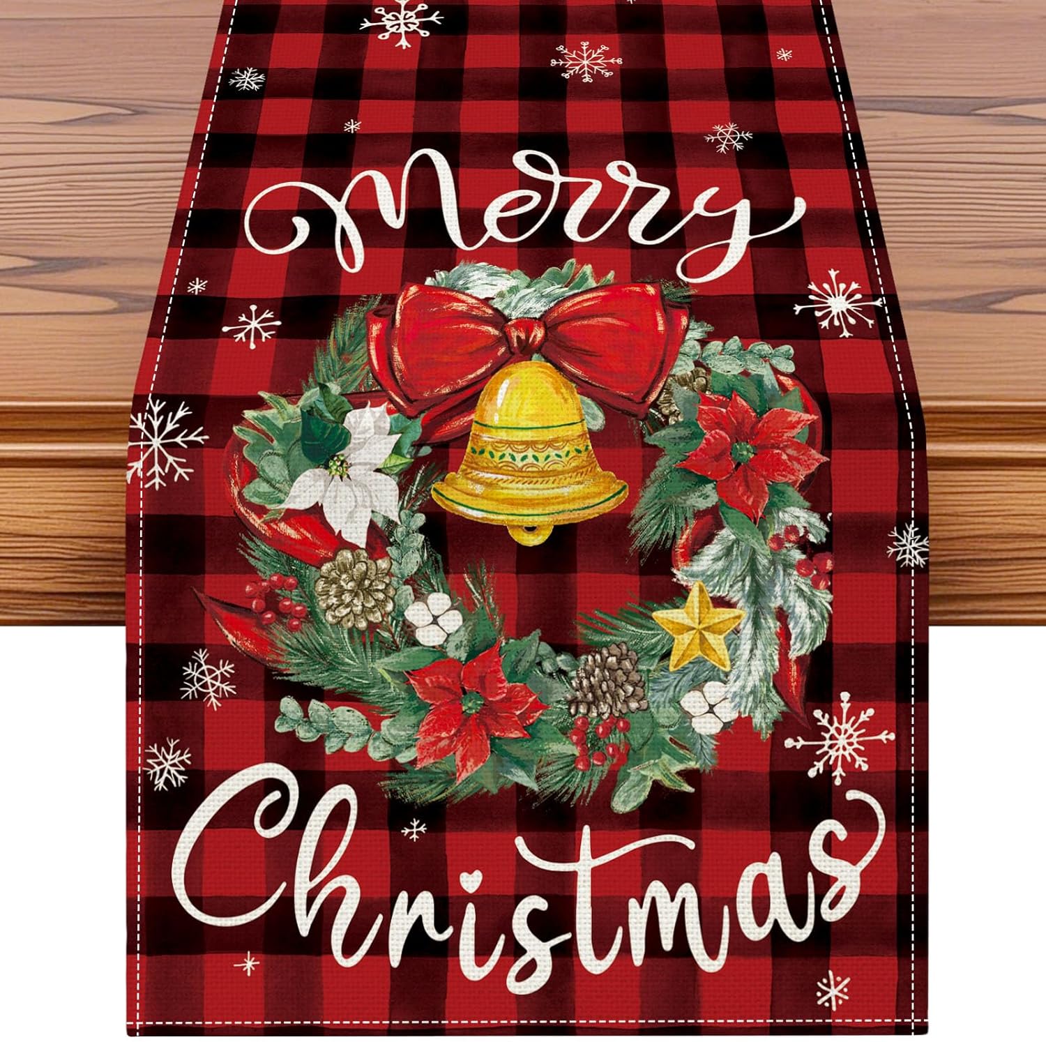 artscope wreath merry christmas table runner, xmas winter holiday kitchen dining table decoration for christmas home decor 13x60 inch-buffalo plaid red buffalo plaid red wreath 13" x 60"