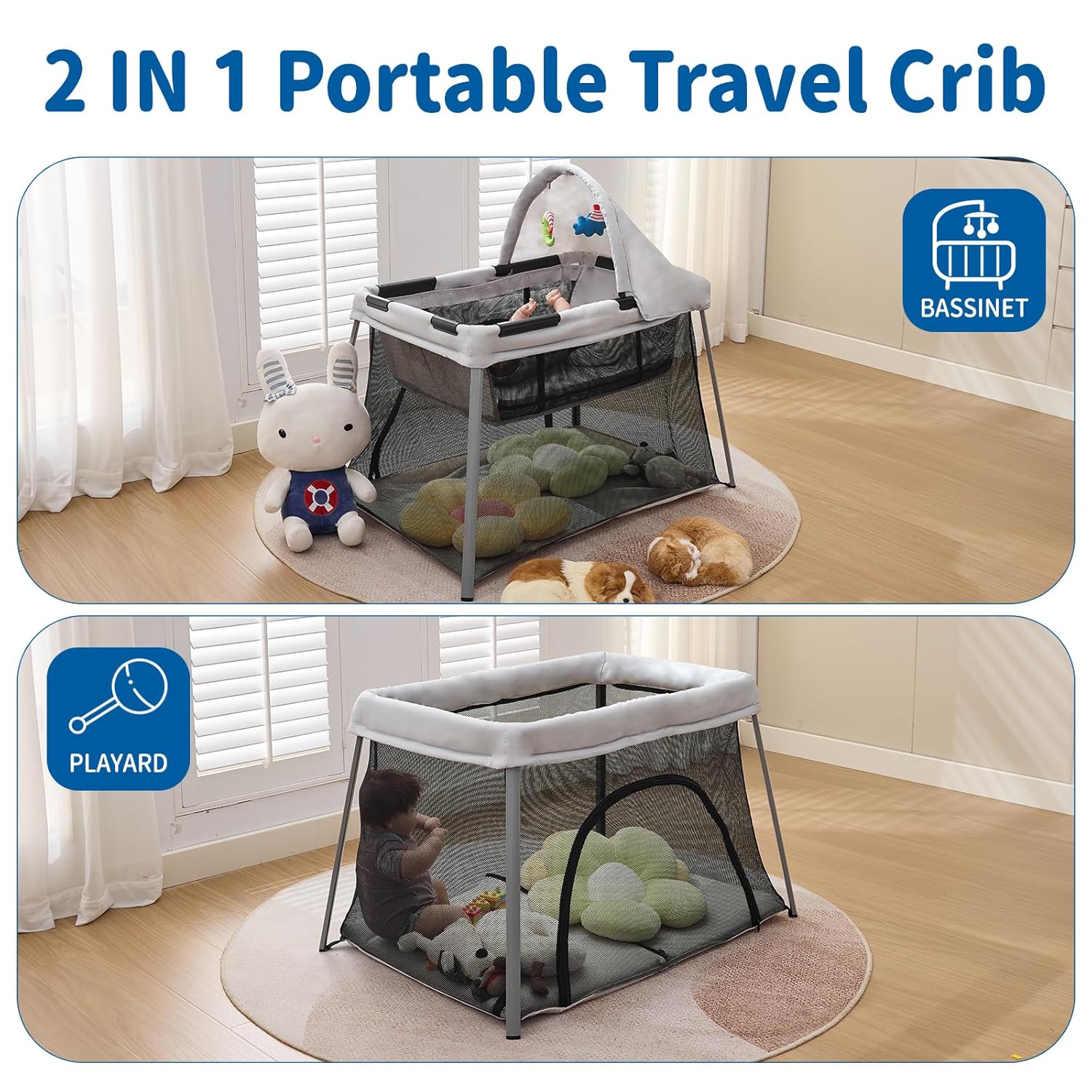 Portable Travel Crib for Baby & Toddler, Gentle Monster Lightweight 2 in 1 Baby Travel Pack and Play Bassinet with Mattress and Sunshade, Foldable Travel Crib Mini Playpen Playard for Indoor Outdoor