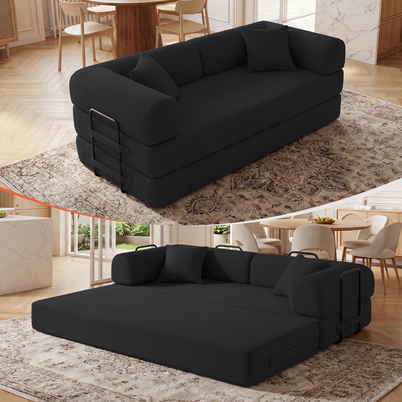 79" Boneless Couch, Convertible Sleeper Sofa Bed, Black | Corduroy Boneless Fold-Out Couch in a Box, 4-in-1 Loveseat/Futon Couch, High-Density Foam, No Assembly