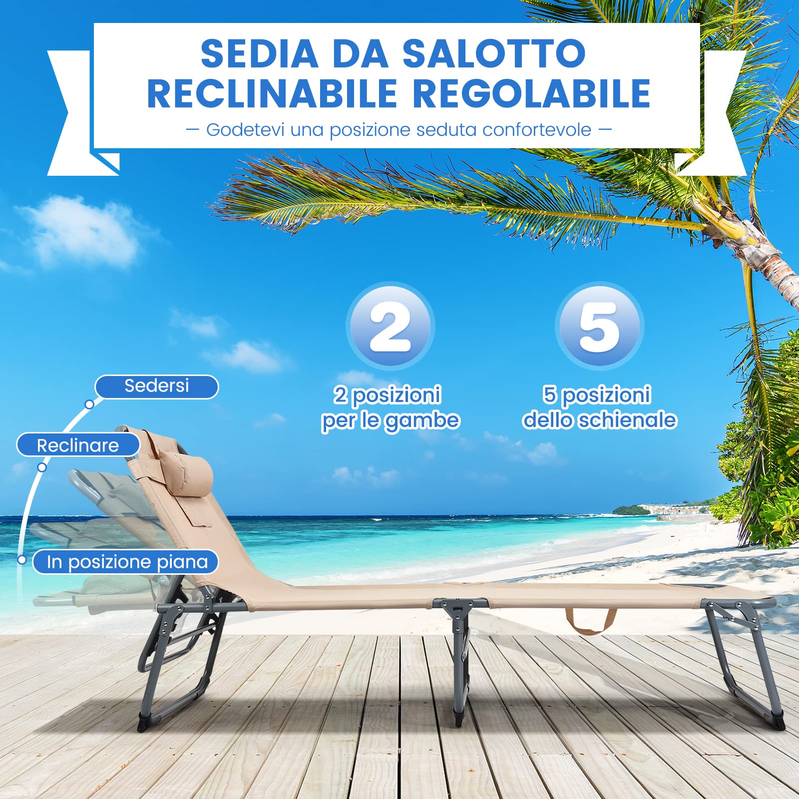 COSTWAY Lettino Prendisole da Spiaggia, Sdraio Mare Pieghevole Leggero con Foro per il Viso e Cuscino, Schienale Regolabile 5 Posizioni, Telaio in Alluminio, per Patio, Piscina e Campeggio (Beige)