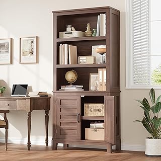 GarveeHome 71 in Farmhouse Bookcase w/Doors, Vintage Bookshelf with Storage Cabinet & Adjustable Shelf, 5-Tier Retro Book Shelf Rustic Bookcase for Living Room Office Library