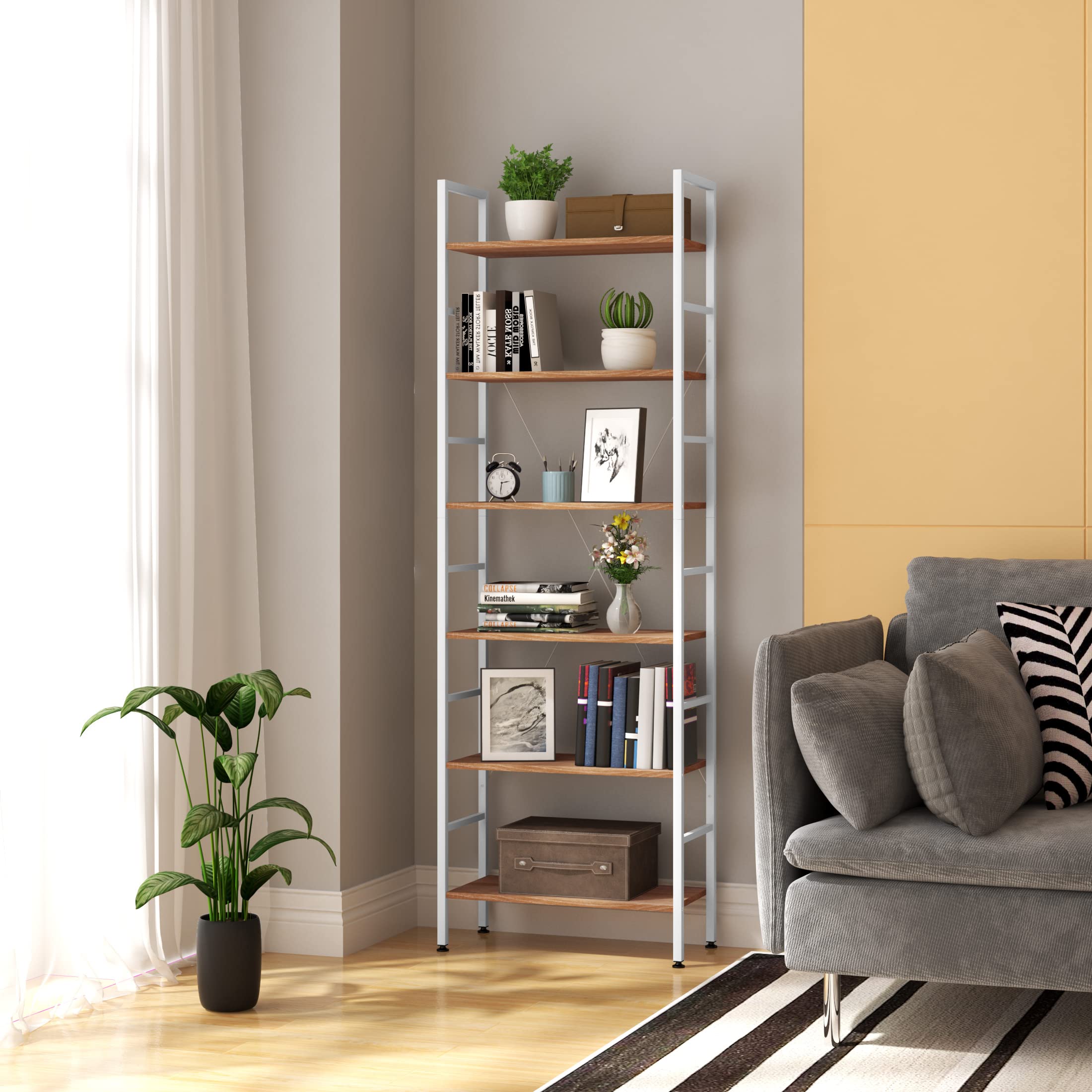 WOLTU Regal mit 6 Ebenen, Standregal, 60x180x28 cm, Weiß + Helle Eich | Lagerregal stehend, für Wohnzimmer Küche Arbeitszimmer