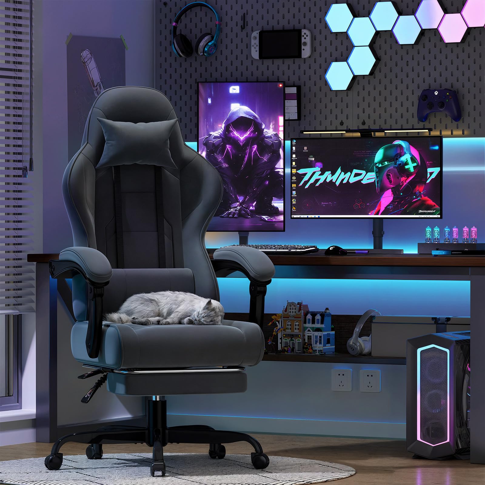Chaise Bureau Gaming Ergonomique TRIUMPHKEY Tissu Respirant - Massage Lombaire, Repose-Pieds Rétractable, Gris Foncé