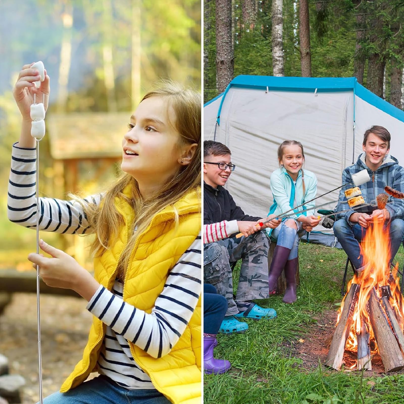 8 Sztuk Szpikulce do grilla i ogniska ze stali nierdzewnej, teleskopowe Kije ogniskowe 30–81 cm